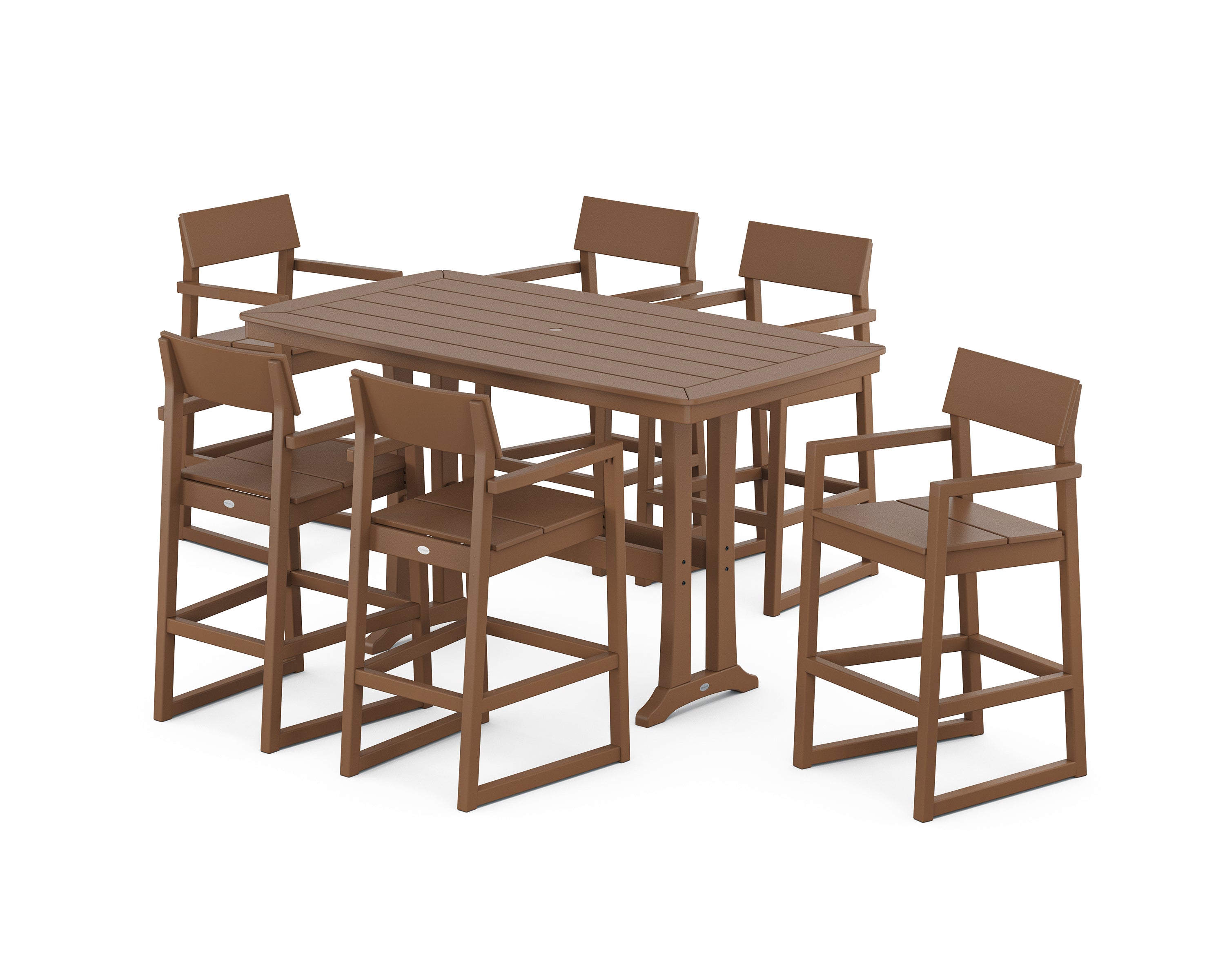 POLYWOOD EDGE Arm Chair 7-Piece Bar Set with Trestle Legs in Teak