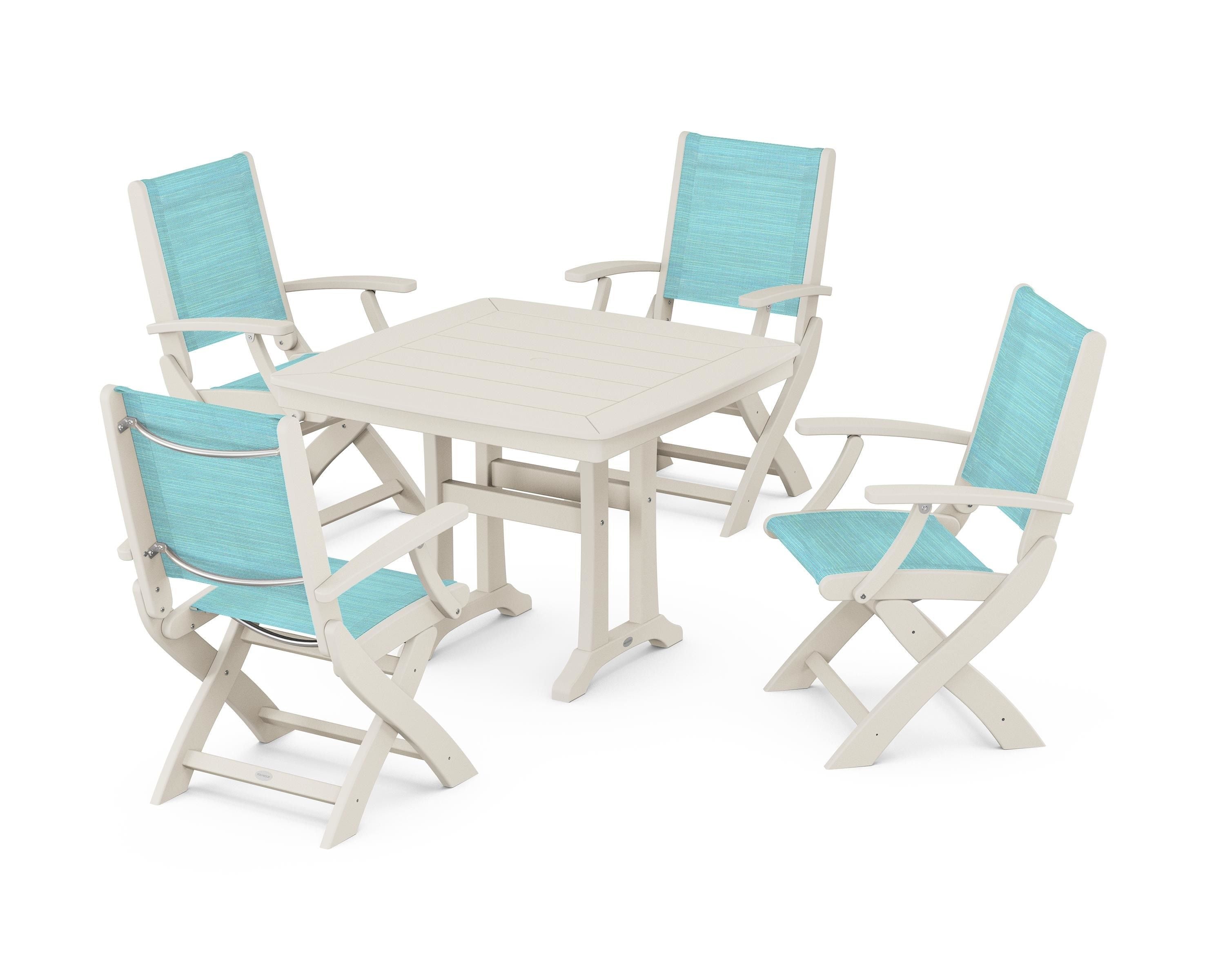 POLYWOOD Coastal Folding Chair 5-Piece Dining Set with Trestle Legs in Sand / Dupioni Aquamarine Sling