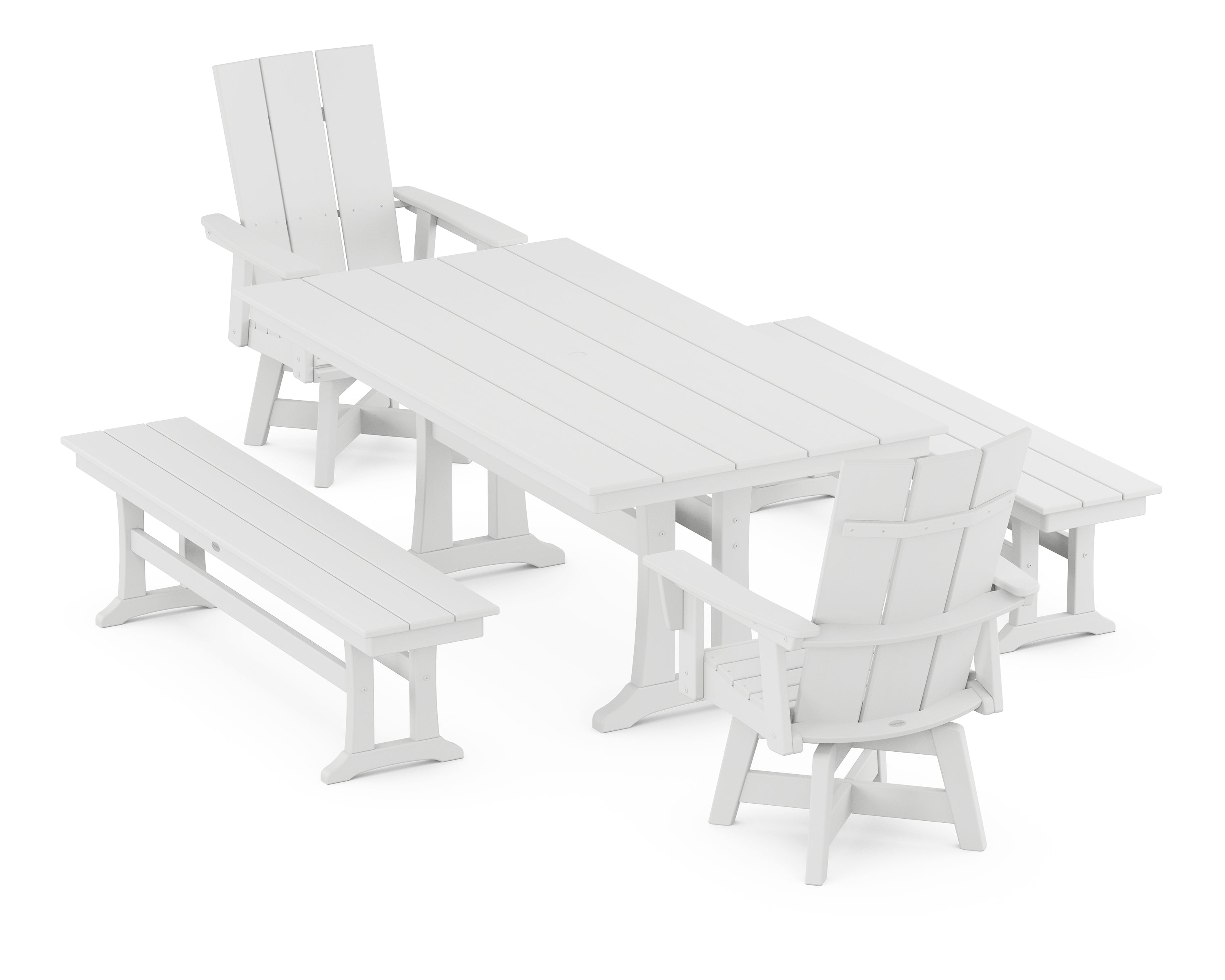 POLYWOOD® Modern Curveback Adirondack Swivel Chair 5-Piece Farmhouse Dining Set With Trestle Legs and Benches in White