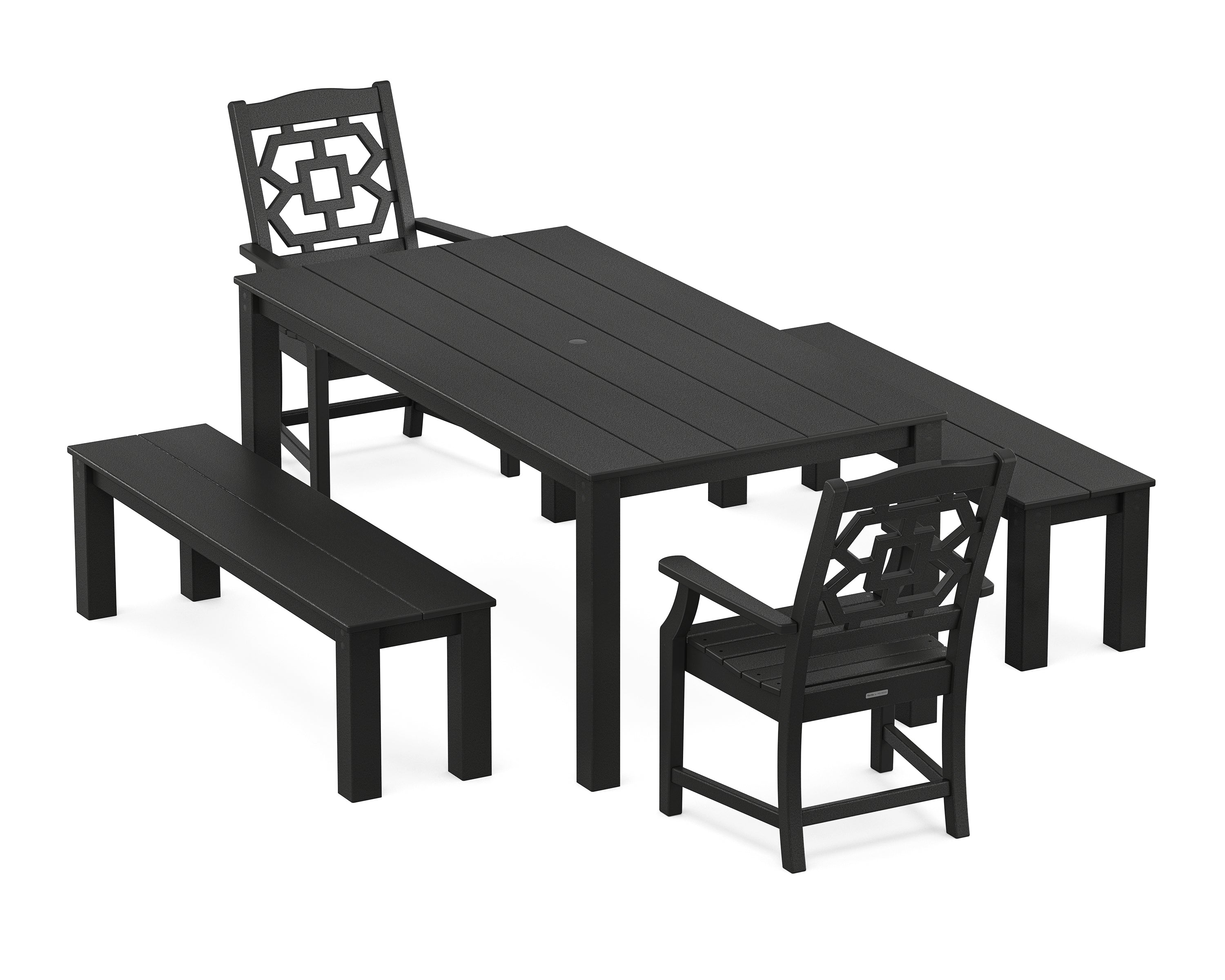 Martha Stewart by POLYWOOD Chinoiserie 5-Piece Parsons Dining Set with Benches in Black