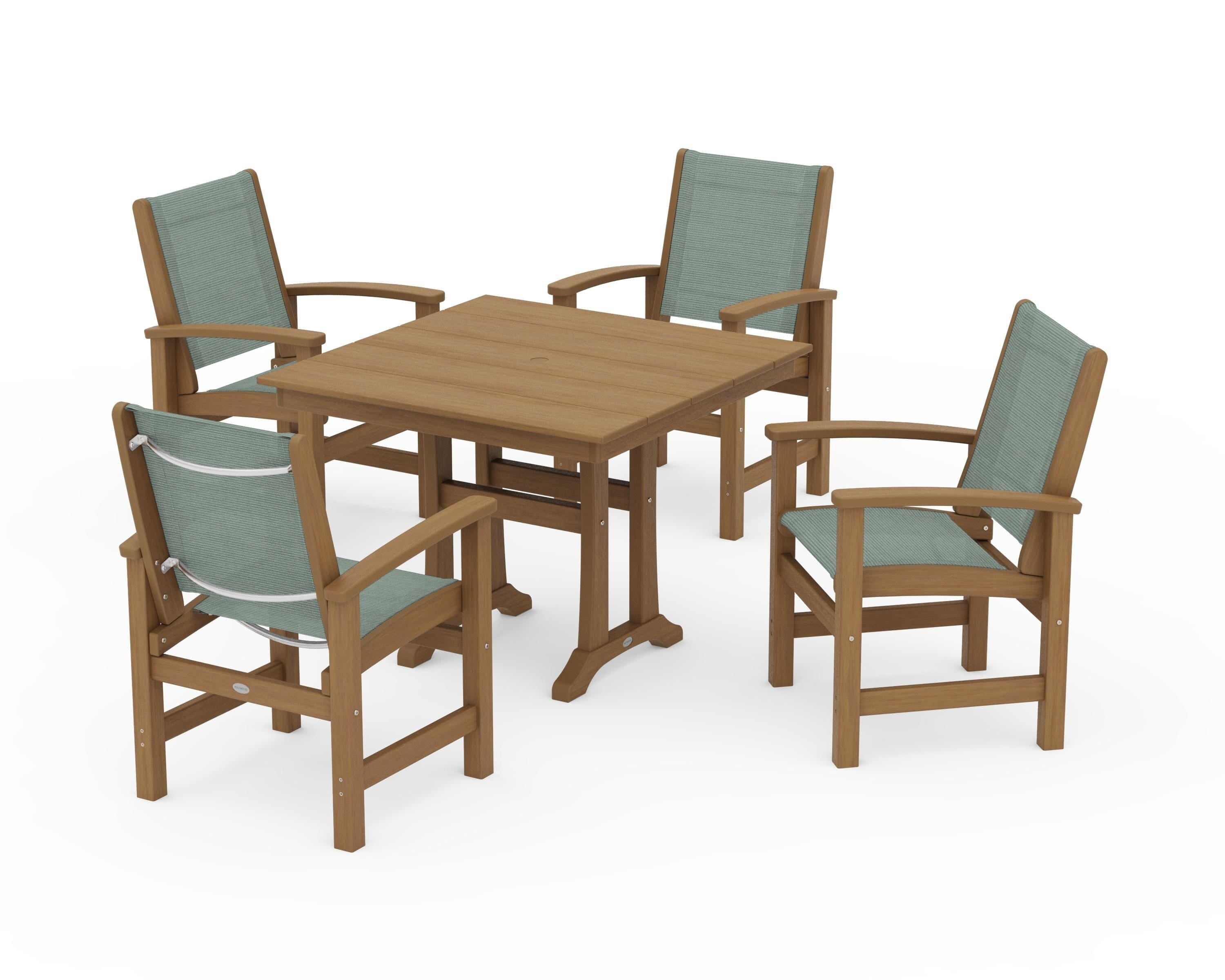 POLYWOOD Coastal 5-Piece Farmhouse Dining Set With Trestle Legs in Natural / Dupioni Sea Mist Sling