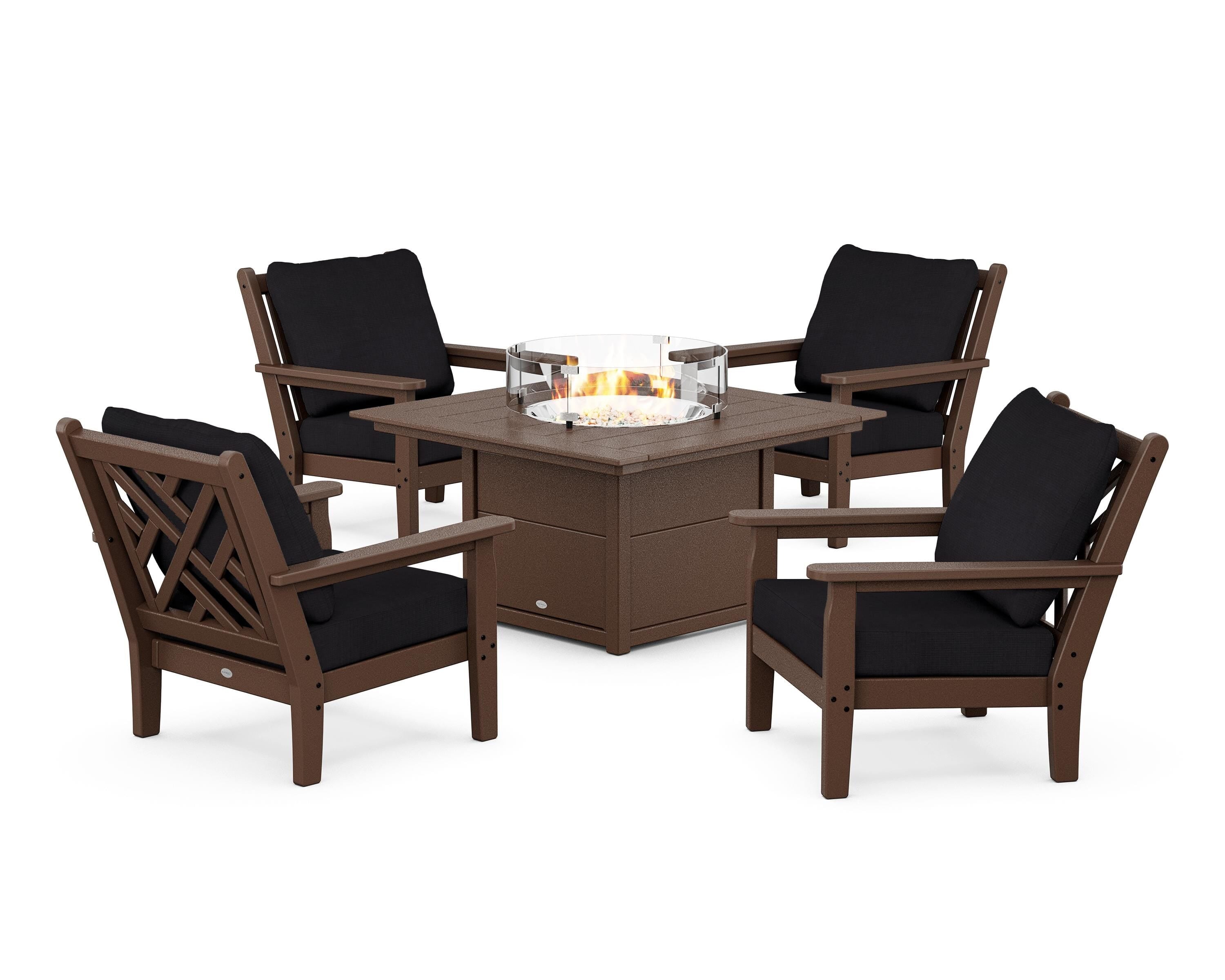 POLYWOOD Chippendale 5-Piece Deep Seating Set with Fire Pit Table in Mahogany / Midnight Linen