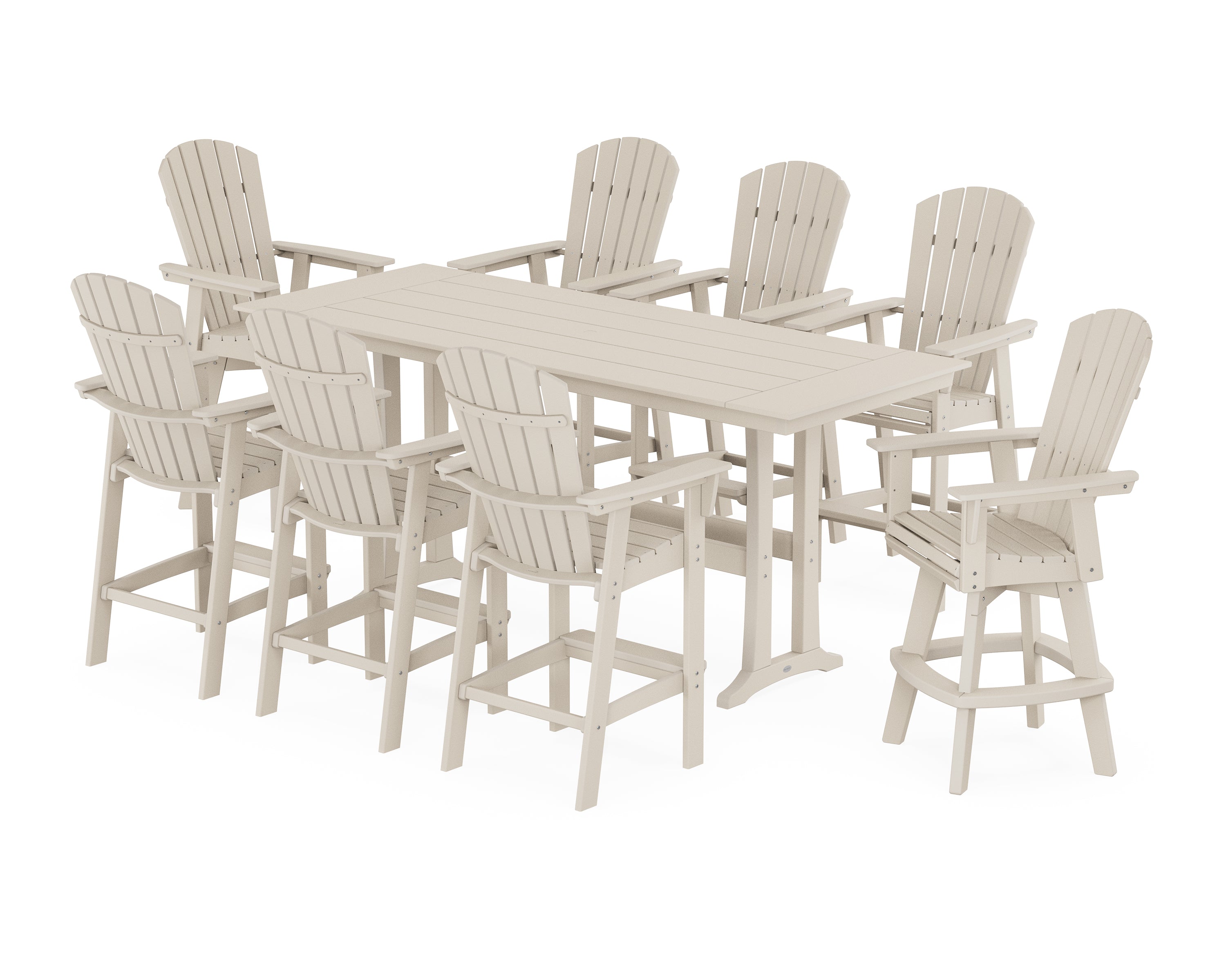 POLYWOOD® Nautical Curveback Adirondack Swivel 9-Piece Farmhouse Swivel Bar Set with Trestle Legs in Sand