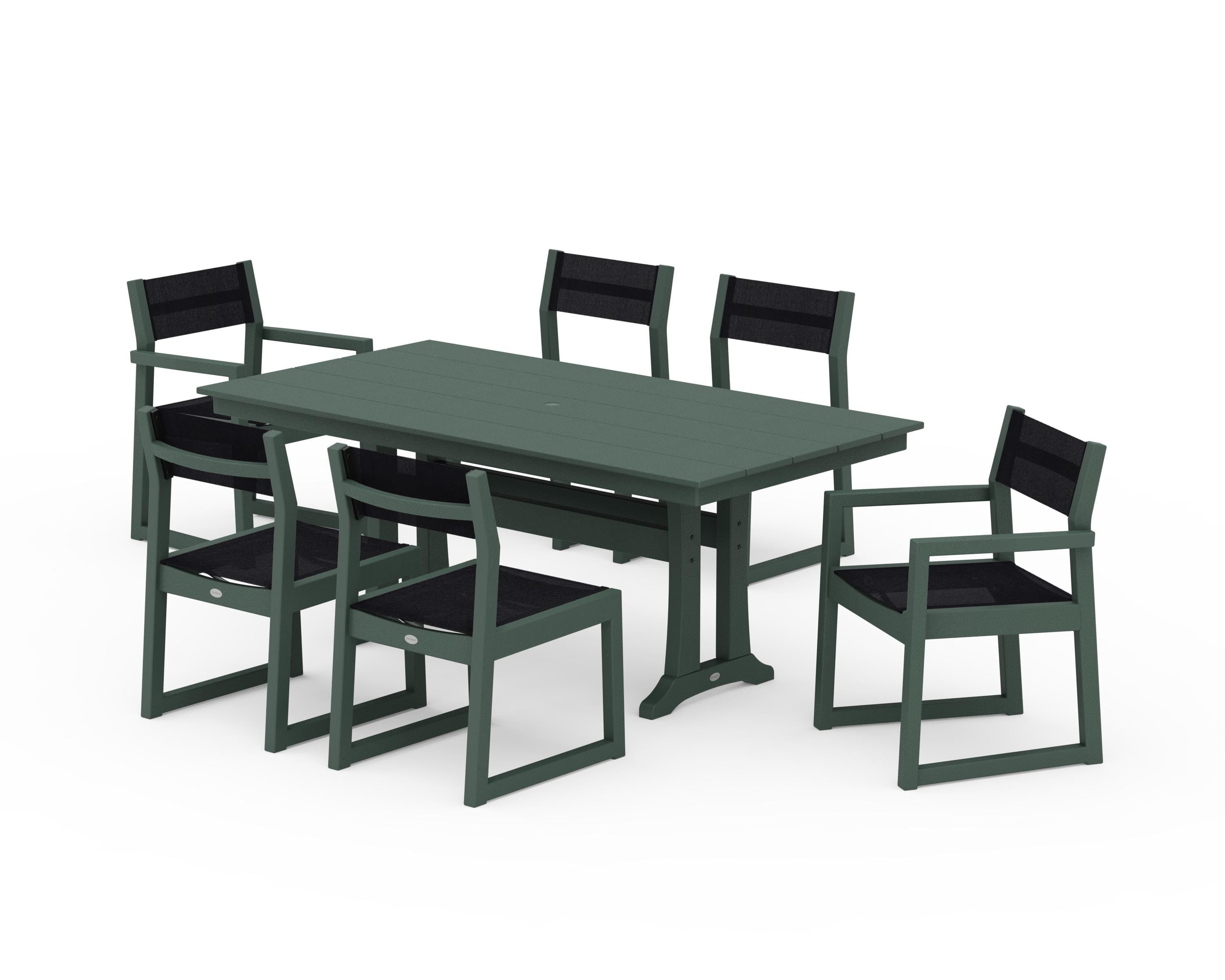 POLYWOOD EDGE Sling 7-Piece Farmhouse Trestle Dining Set in Green / Black Sling