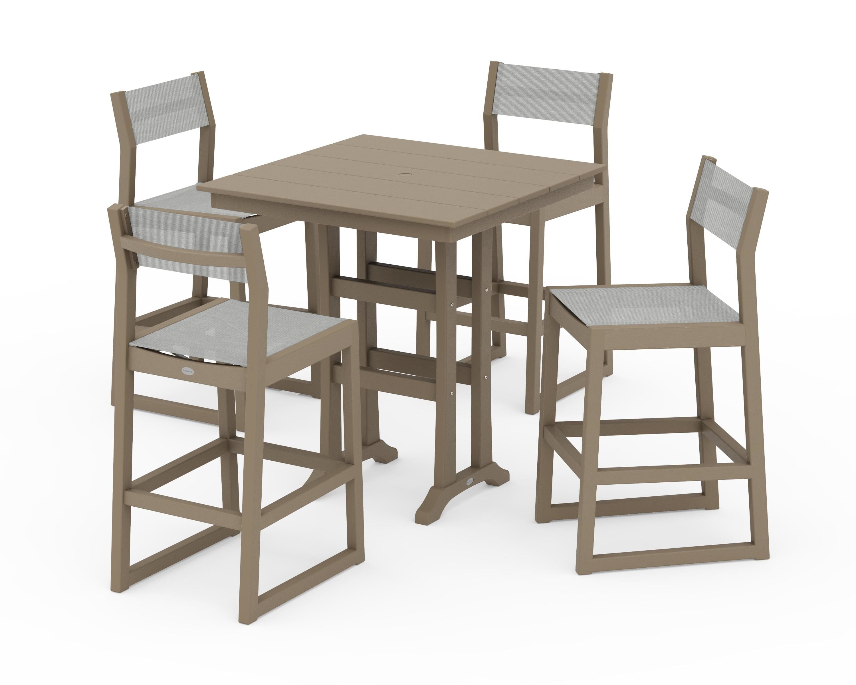 POLYWOOD EDGE Sling Arm Chair 5-Piece Farmhouse Bar Set with Trestle Legs in Vintage Sahara / Metallic Sling