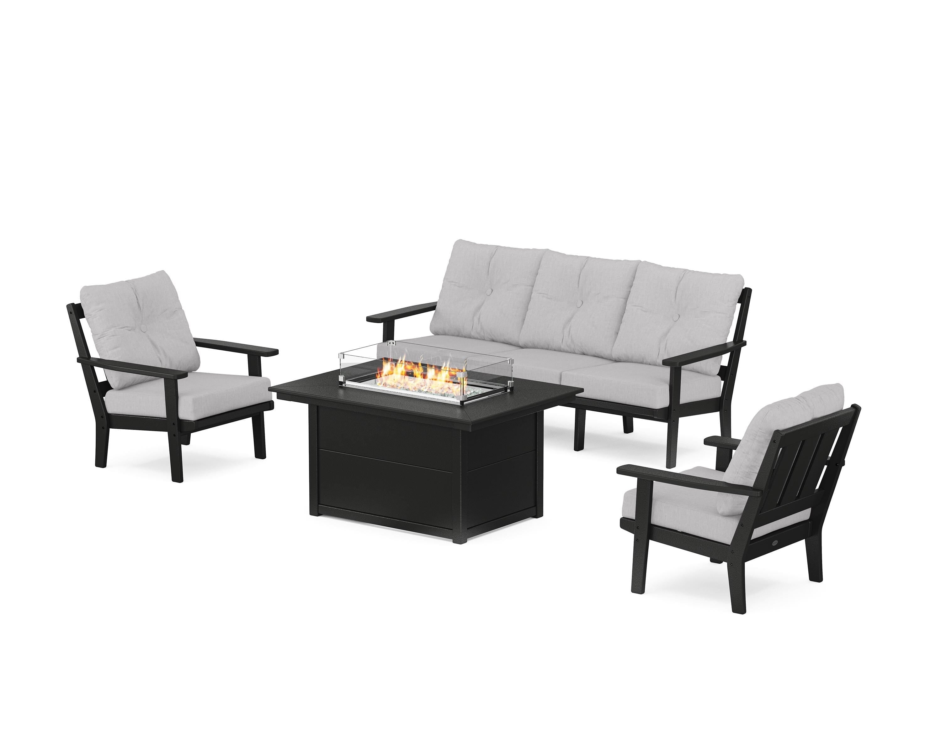 POLYWOOD Oxford Deep Seating Fire Pit Table Set in Black / Granite