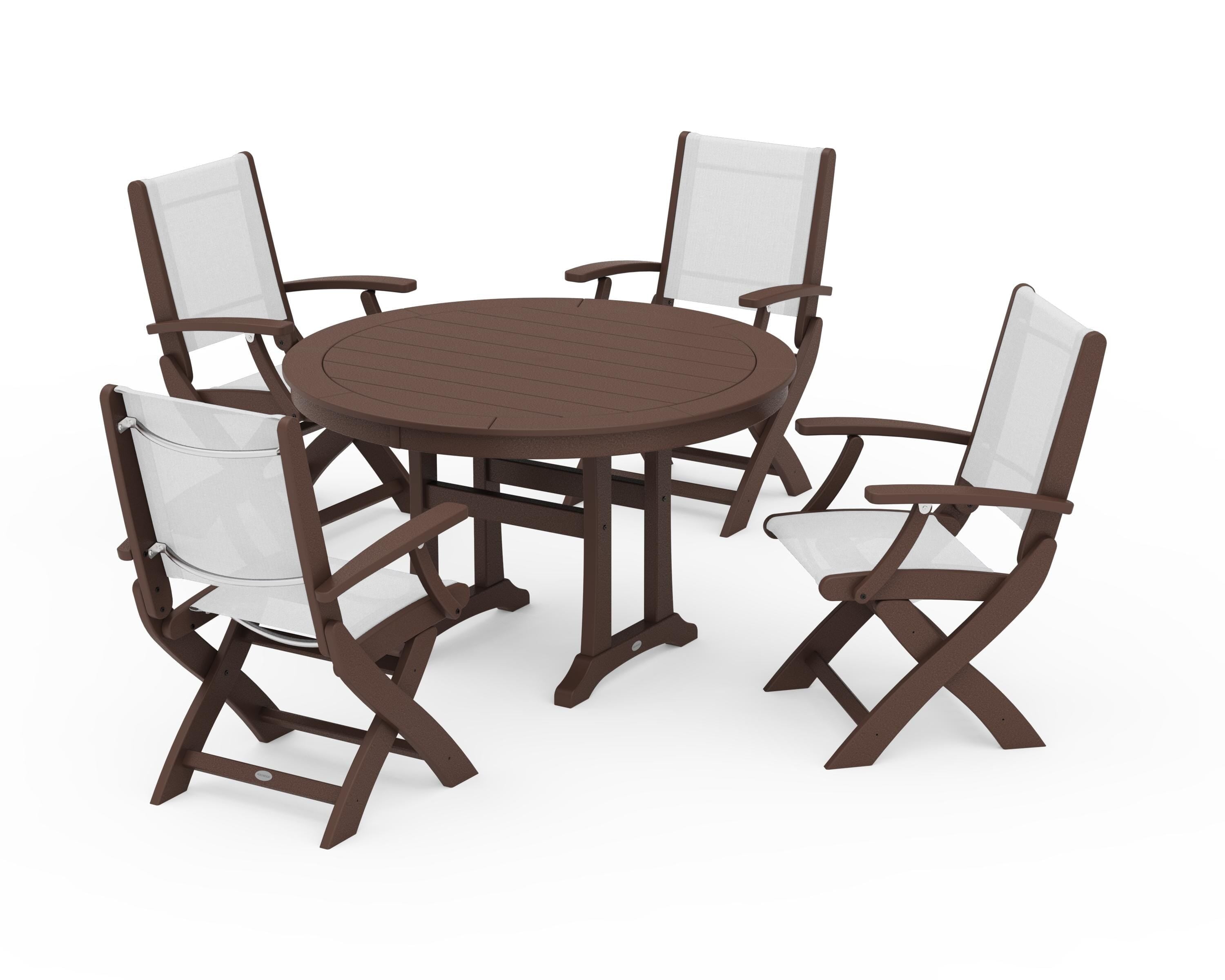 POLYWOOD Coastal Folding Chair 5-Piece Round Dining Set with Trestle Legs in Mahogany / White Sling