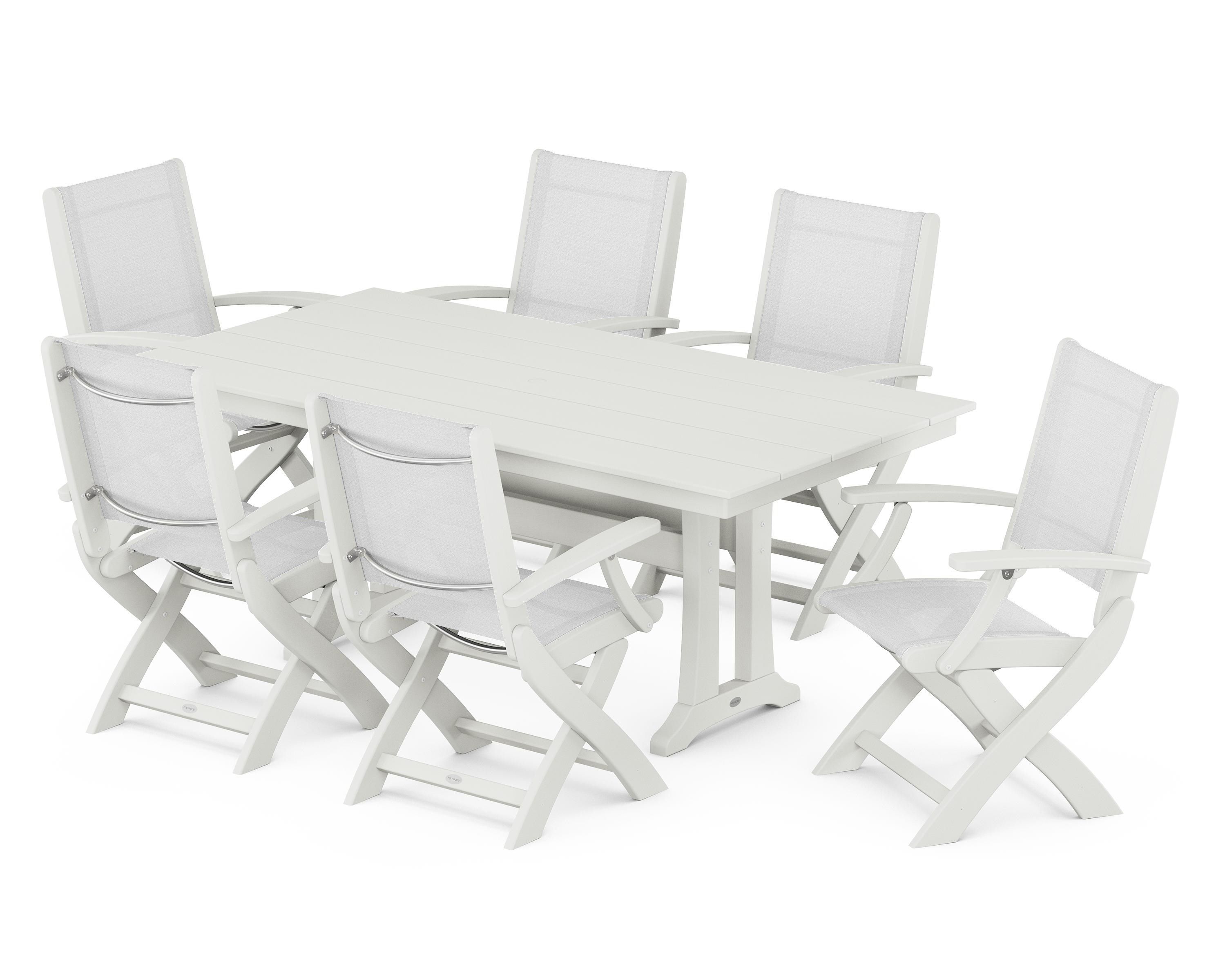 POLYWOOD Coastal Folding Arm Chair 7-Piece Farmhouse Dining Set with Trestle Legs in Vintage White / White Sling