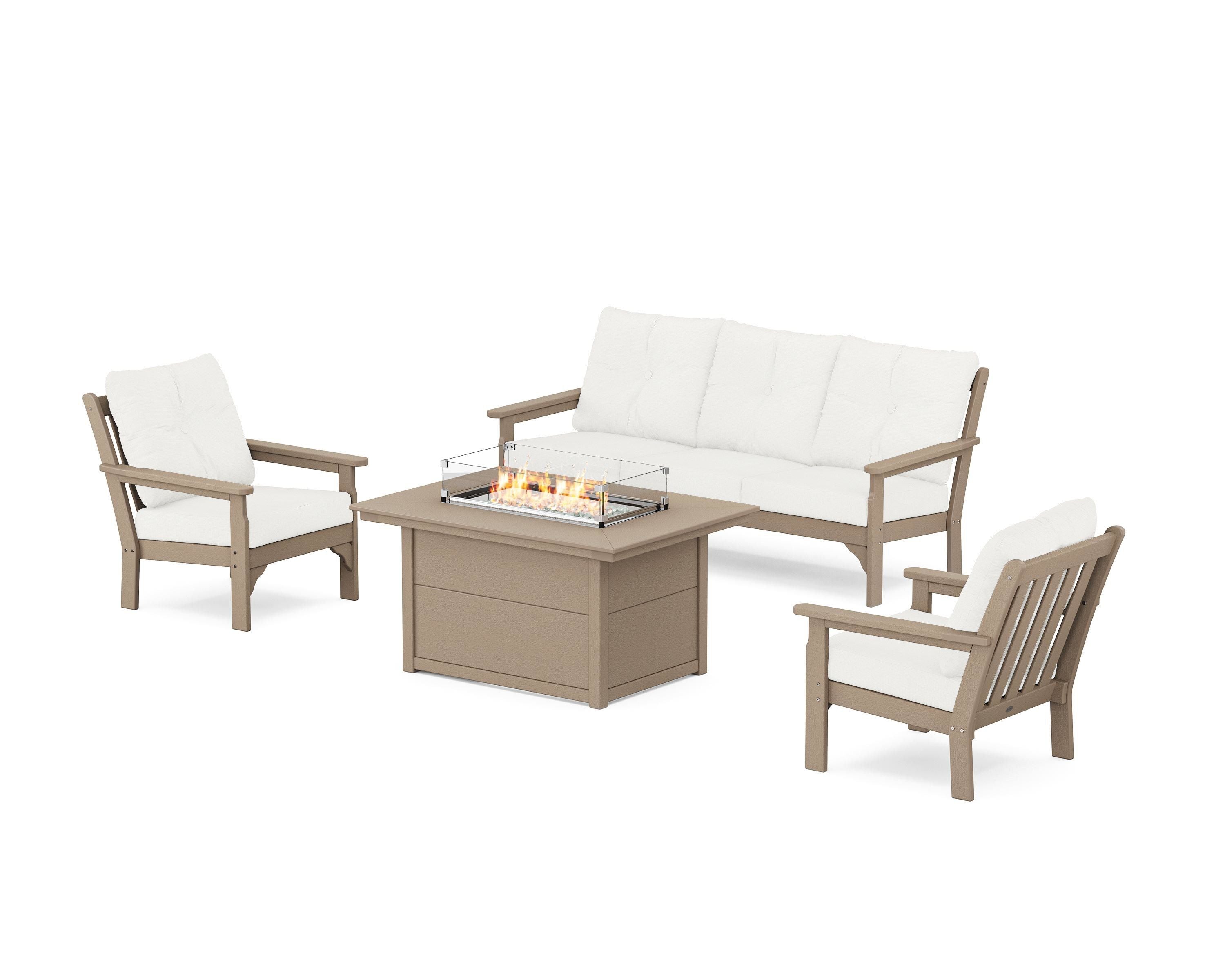 POLYWOOD Vineyard Deep Seating Fire Pit Table Set in Vintage Sahara / Natural Linen