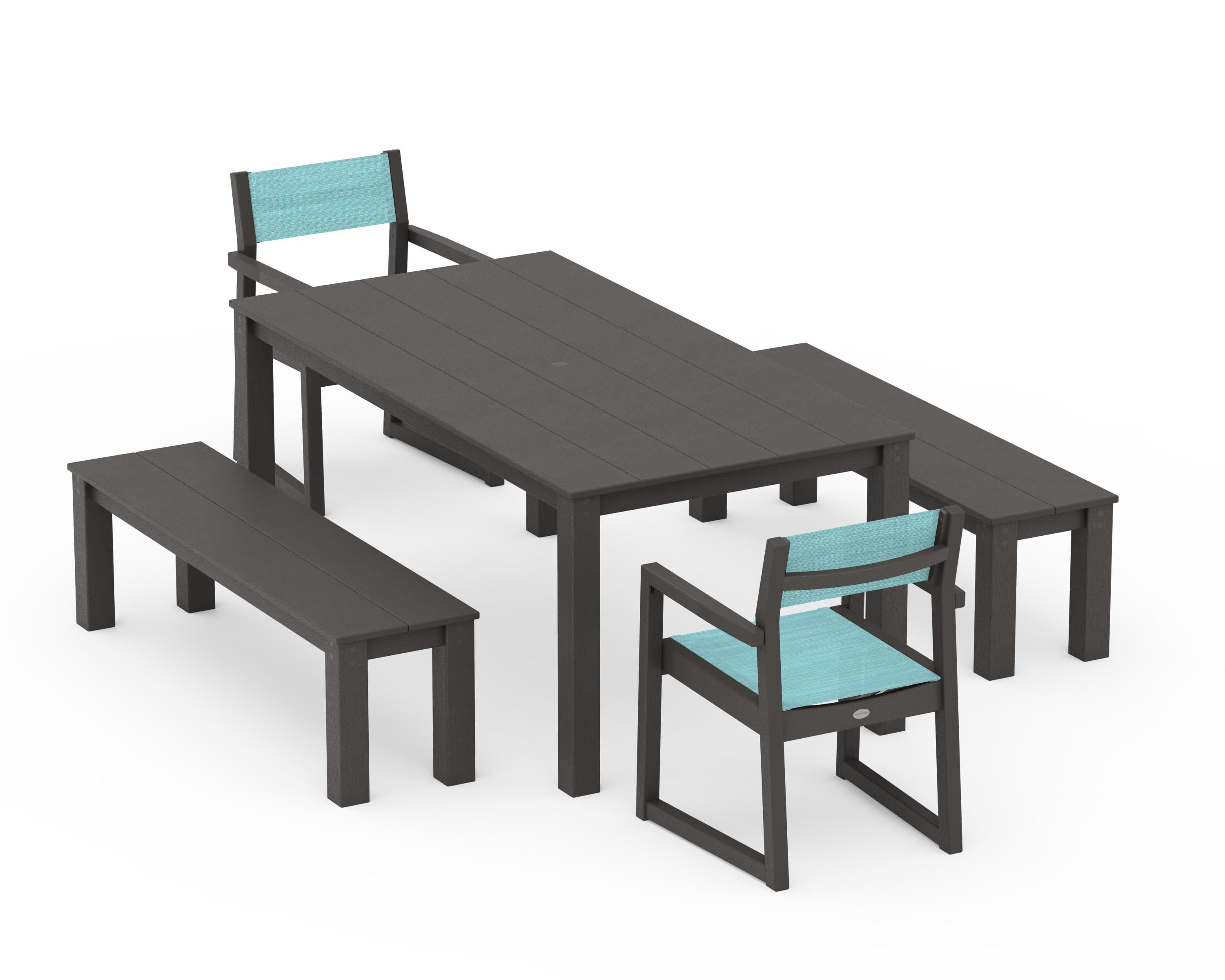 POLYWOOD EDGE Sling Arm Chair 5-Piece Parsons Dining Set with Benches in Vintage Coffee / Dupioni Aquamarine Sling