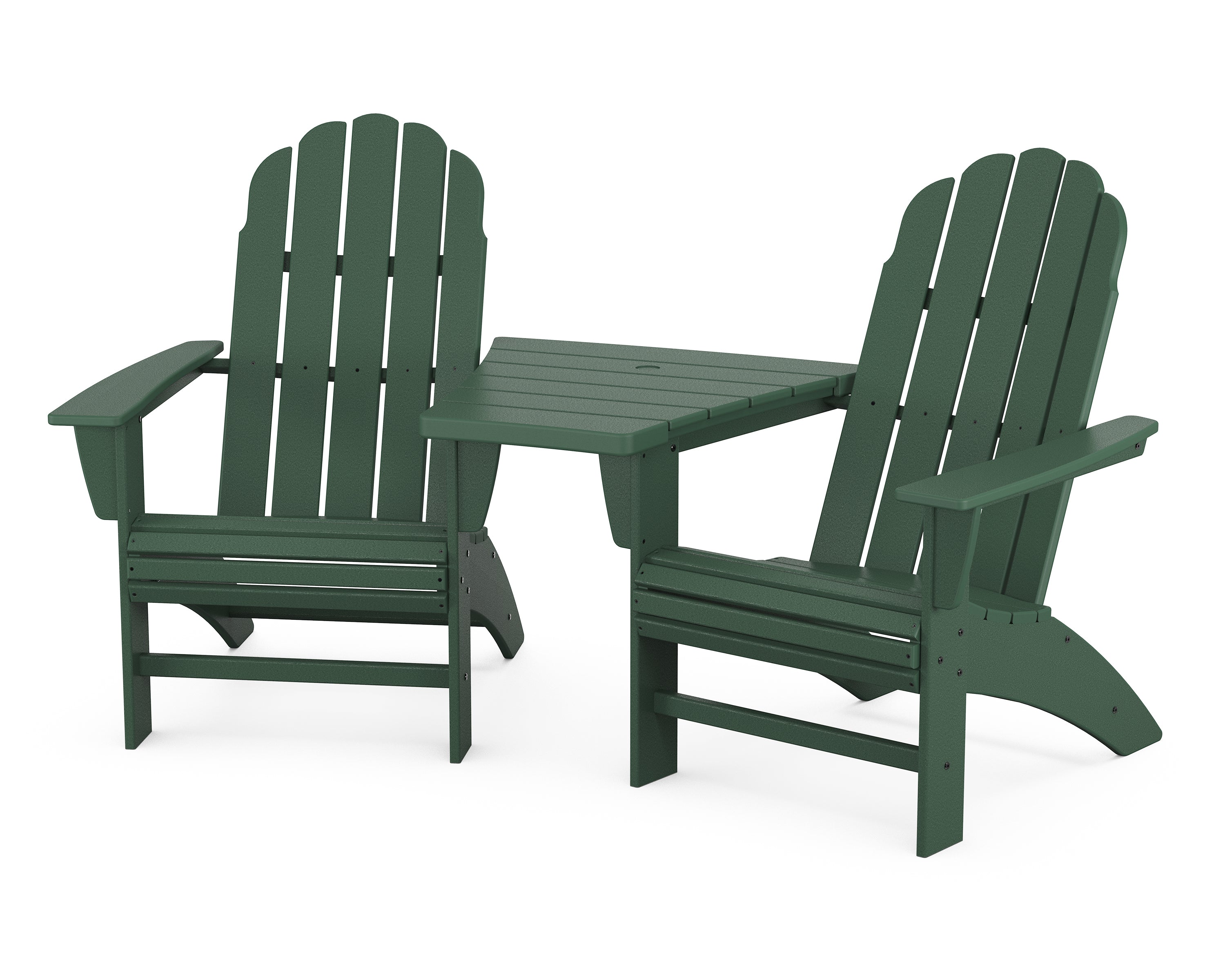 POLYWOOD® Vineyard 3-Piece Curveback Adirondack Set with Angled Connecting Table in Green