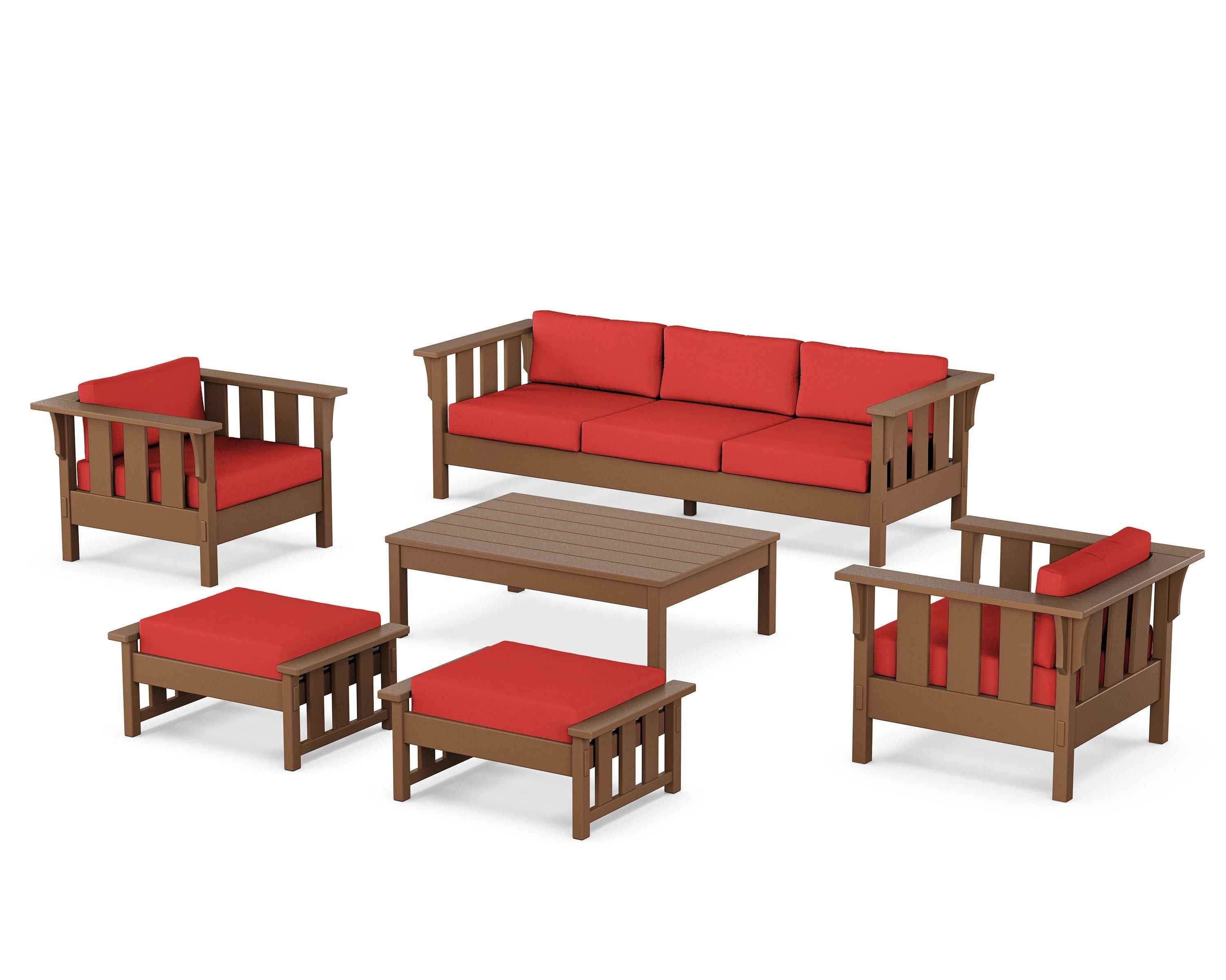 Martha Stewart by POLYWOOD Acadia 6-Piece Lounge Sofa Set in Teak / Crimson Linen