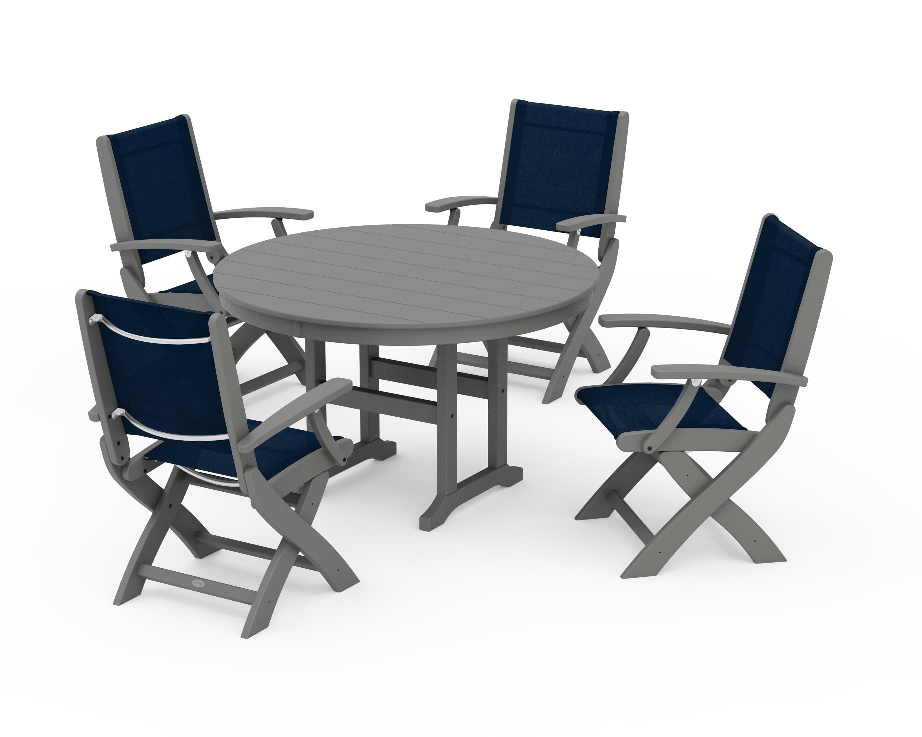 POLYWOOD Coastal Folding Chair 5-Piece Round Dining Set in Slate Grey / Navy Blue Sling