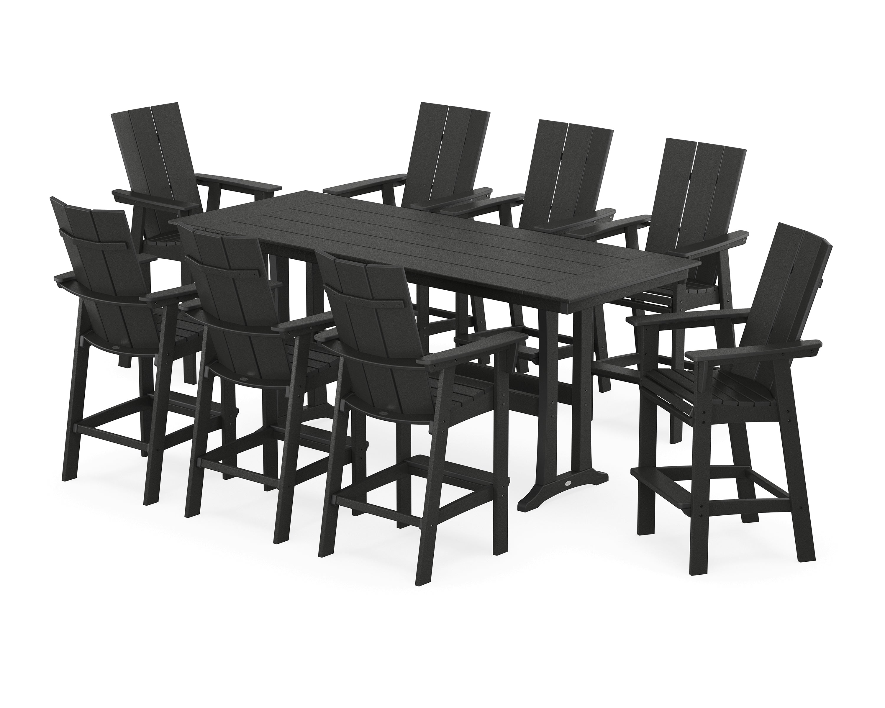 POLYWOOD Modern Curveback Adirondack 9-Piece Farmhouse Bar Set with Trestle Legs in Black
