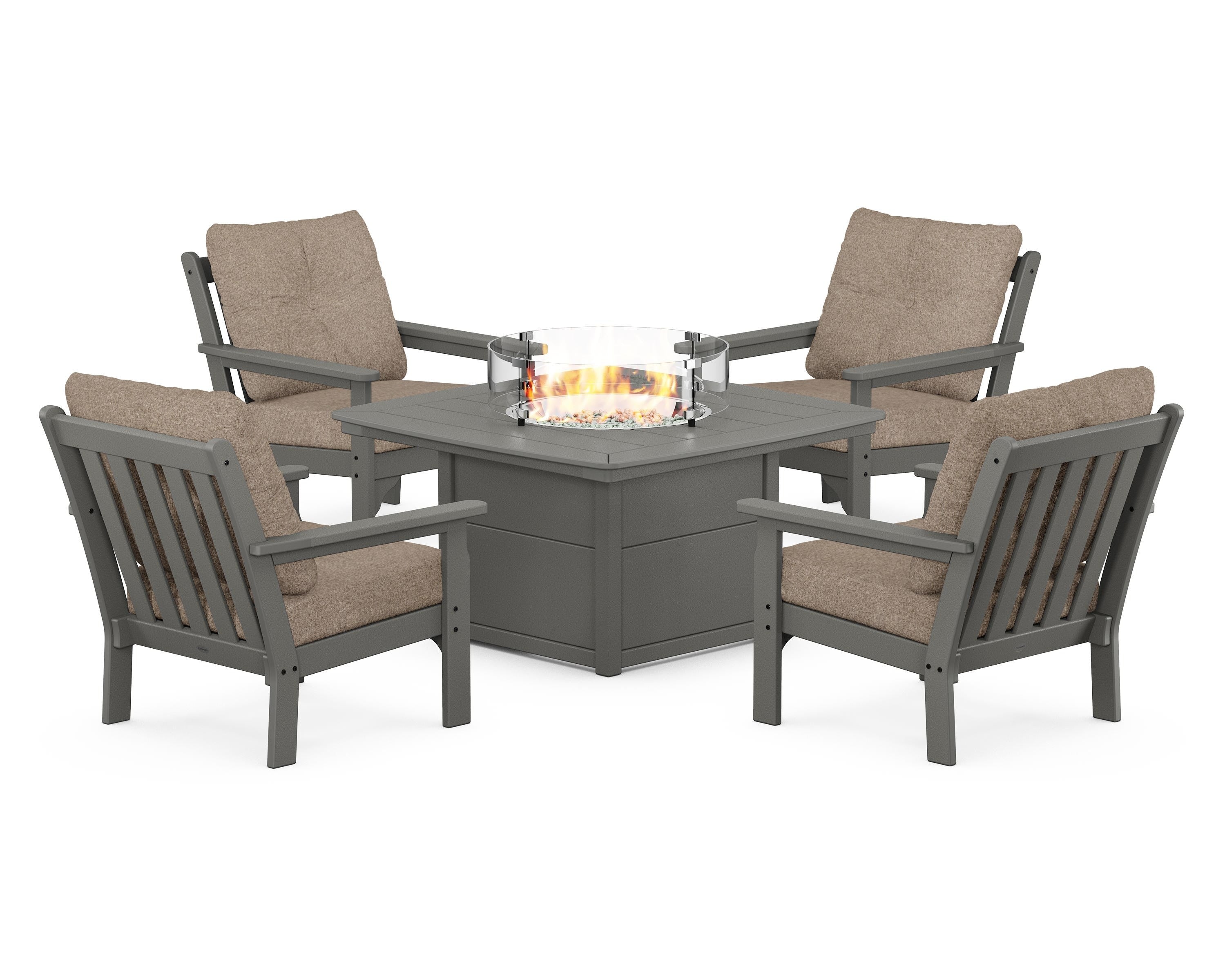 POLYWOOD Vineyard 5-Piece Conversation Set with Fire Pit Table in Slate Grey / Spiced Burlap