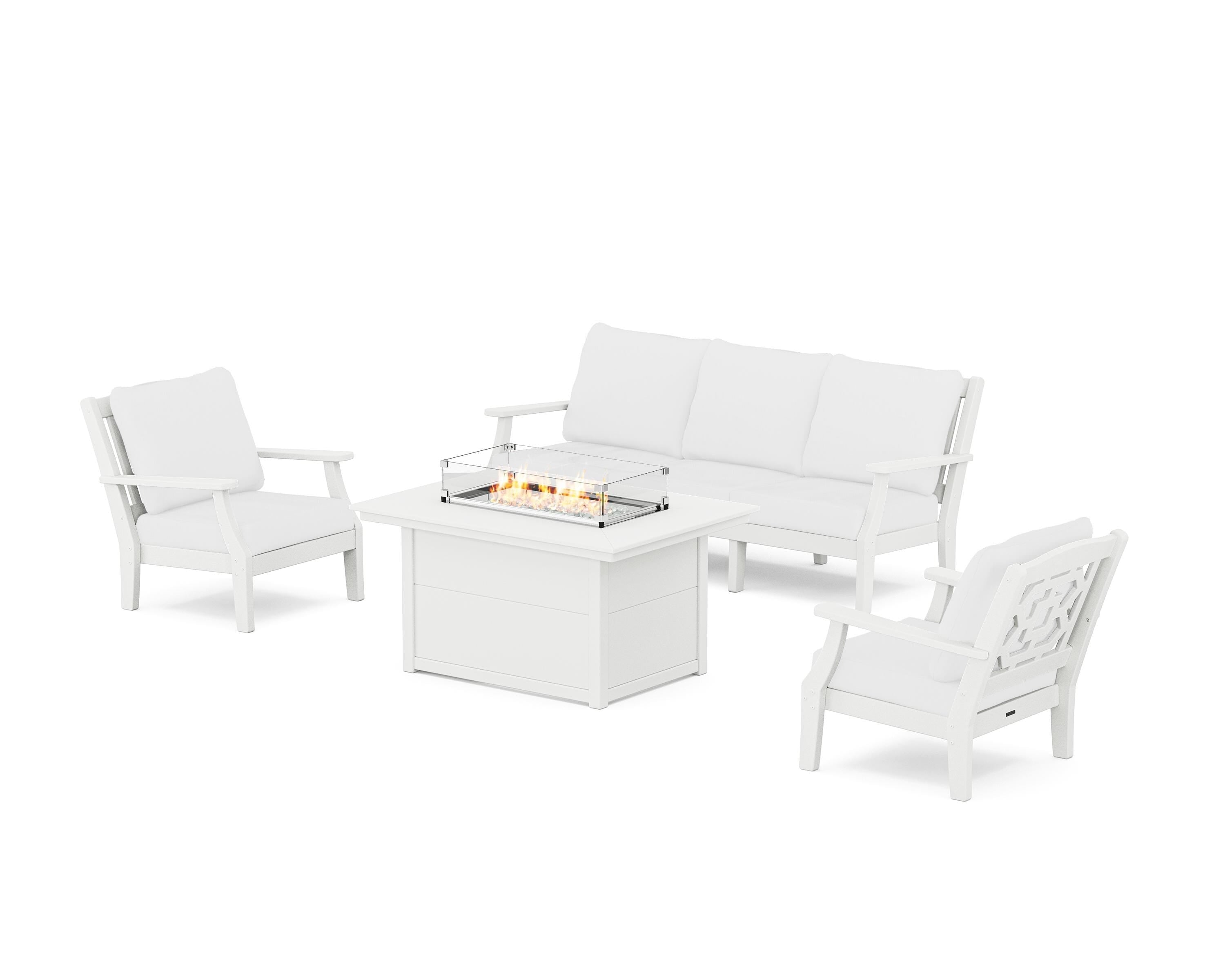 Martha Stewart by POLYWOOD Chinoiserie Deep Seating Fire Pit Table Set in White / Natural