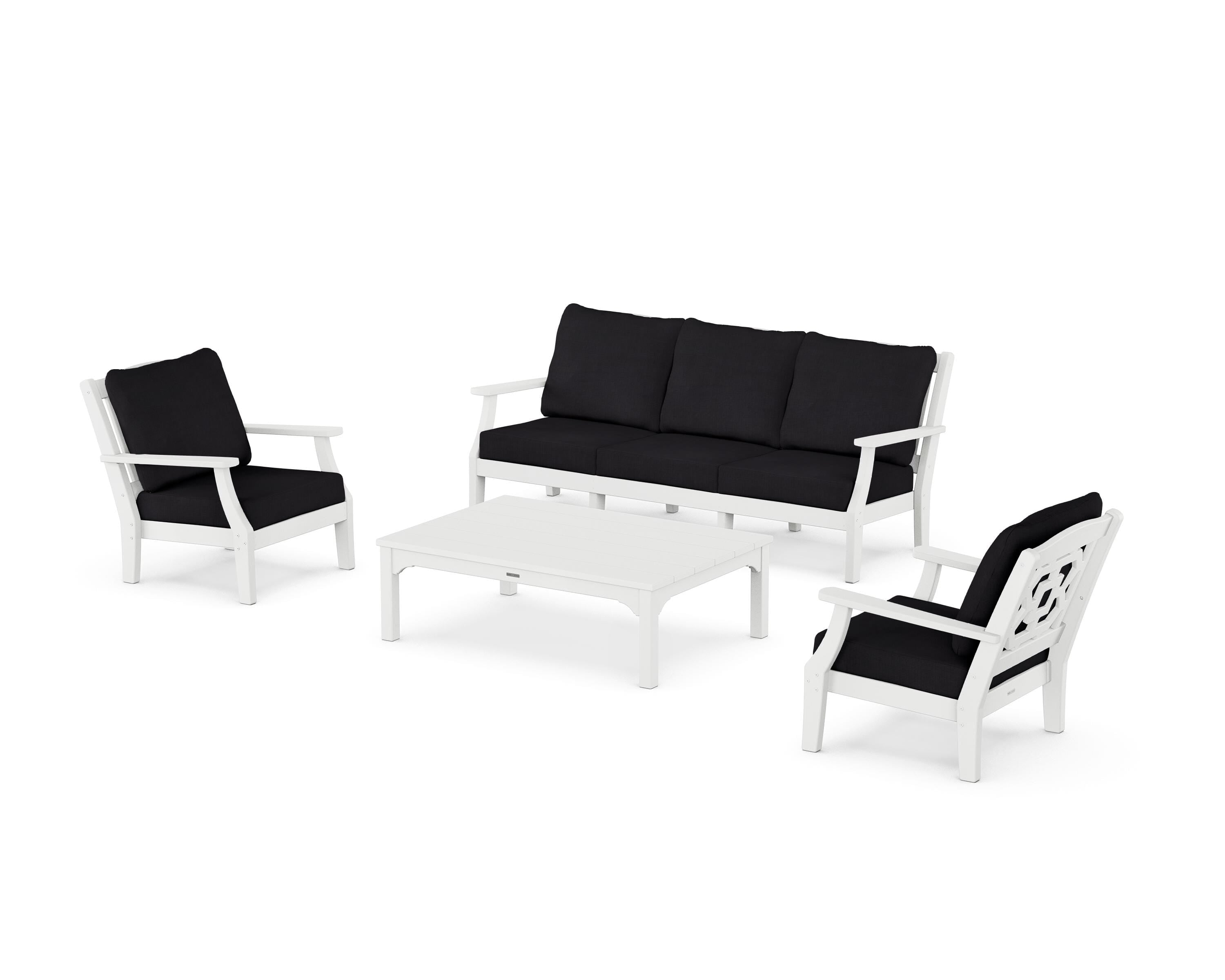 Martha Stewart by POLYWOOD Chinoiserie 4-Piece Deep Seating Set with Sofa in White / Midnight Linen