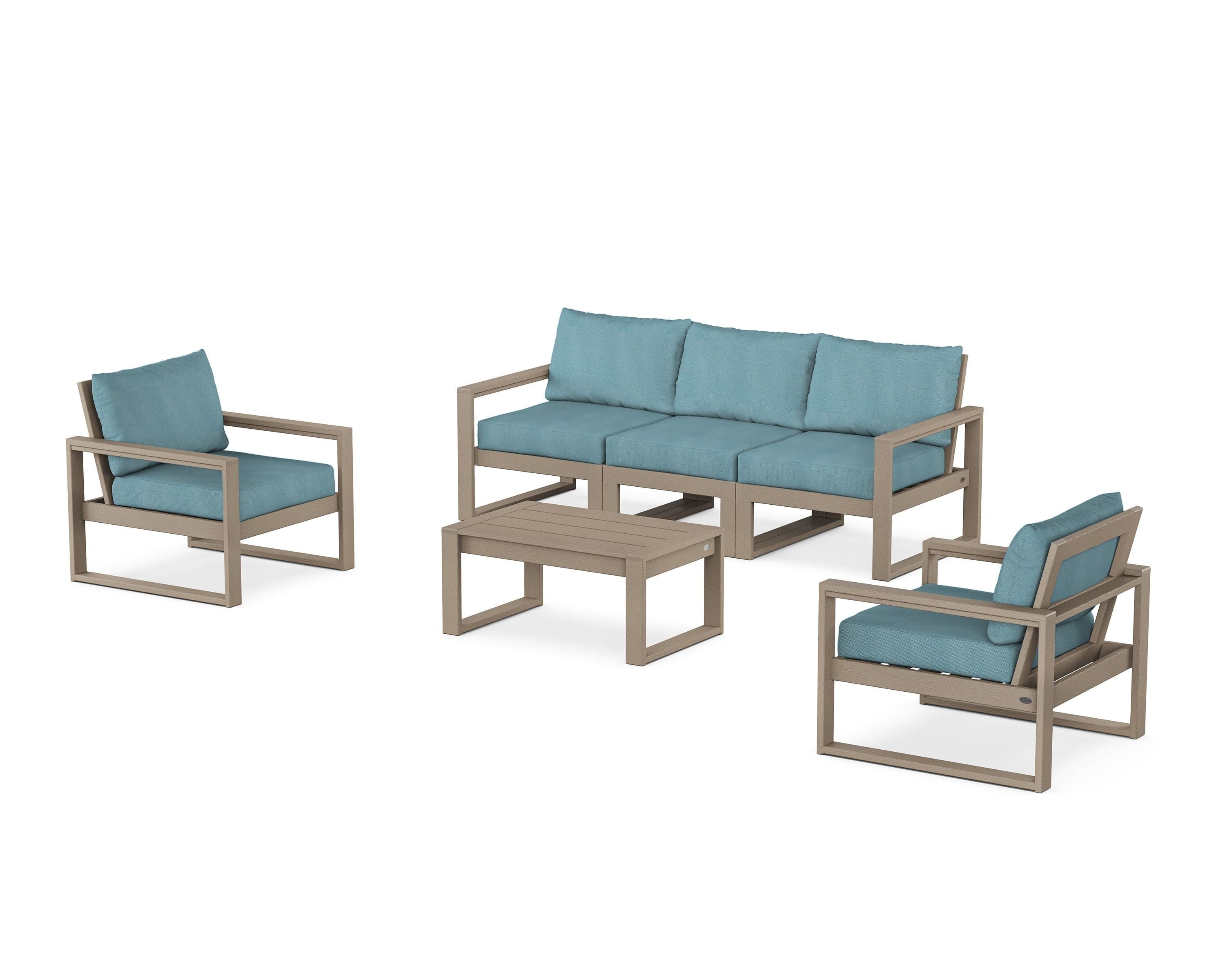 POLYWOOD EDGE Sectional 4-Piece Deep Seating Set with Sofa in Vintage Sahara / Lattice Sky Blue