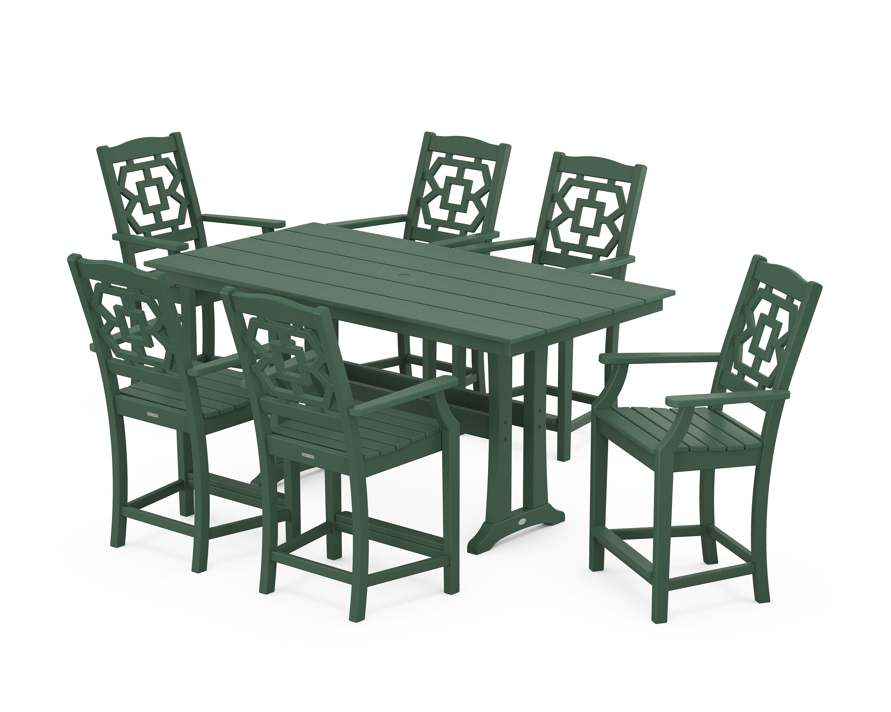 Martha Stewart by POLYWOOD® Chinoiserie Arm Chair 7-Piece Farmhouse Counter Set with Trestle Legs in Green