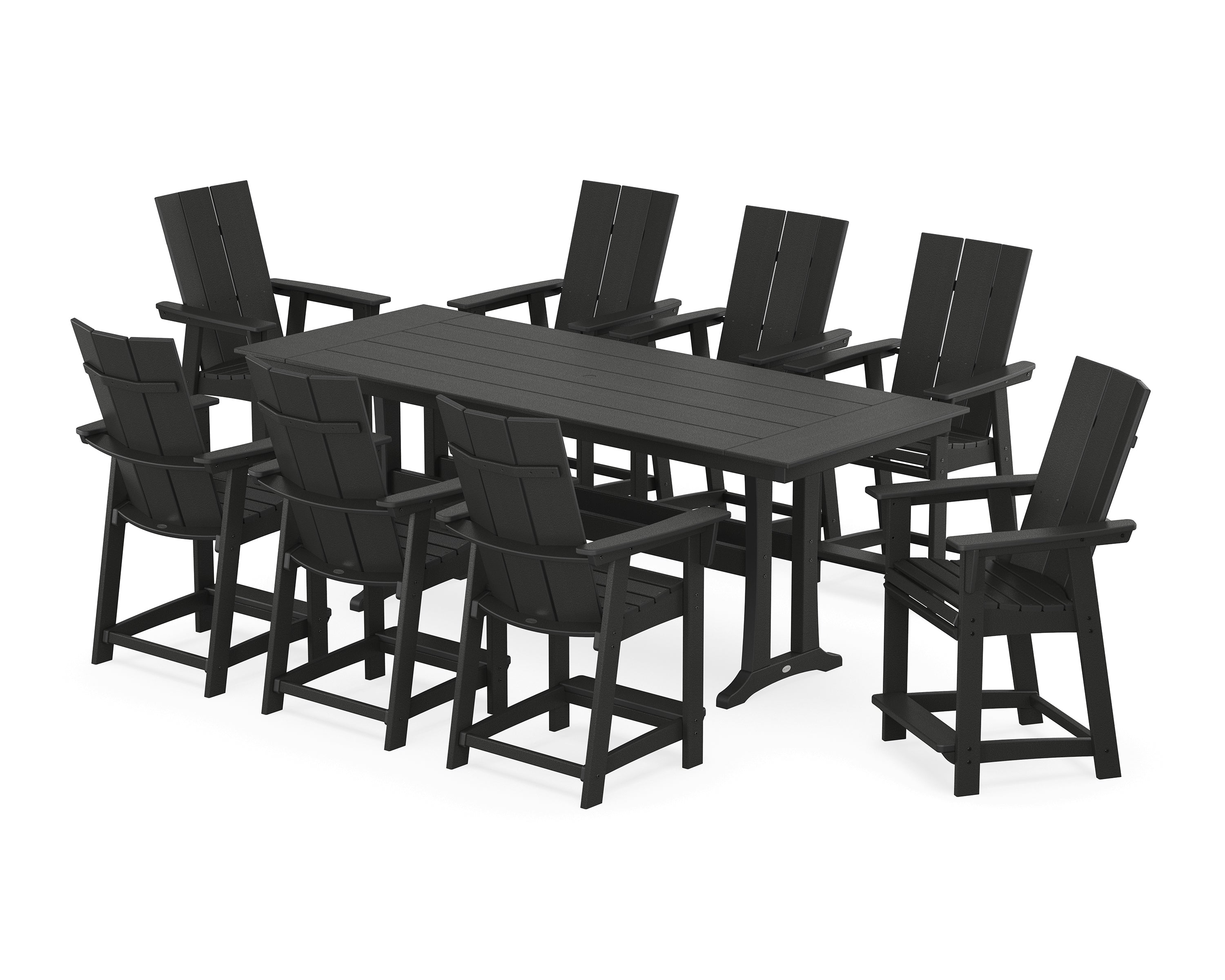 POLYWOOD® Modern Curveback Adirondack 9-Piece Farmhouse Counter Set with Trestle Legs in Black