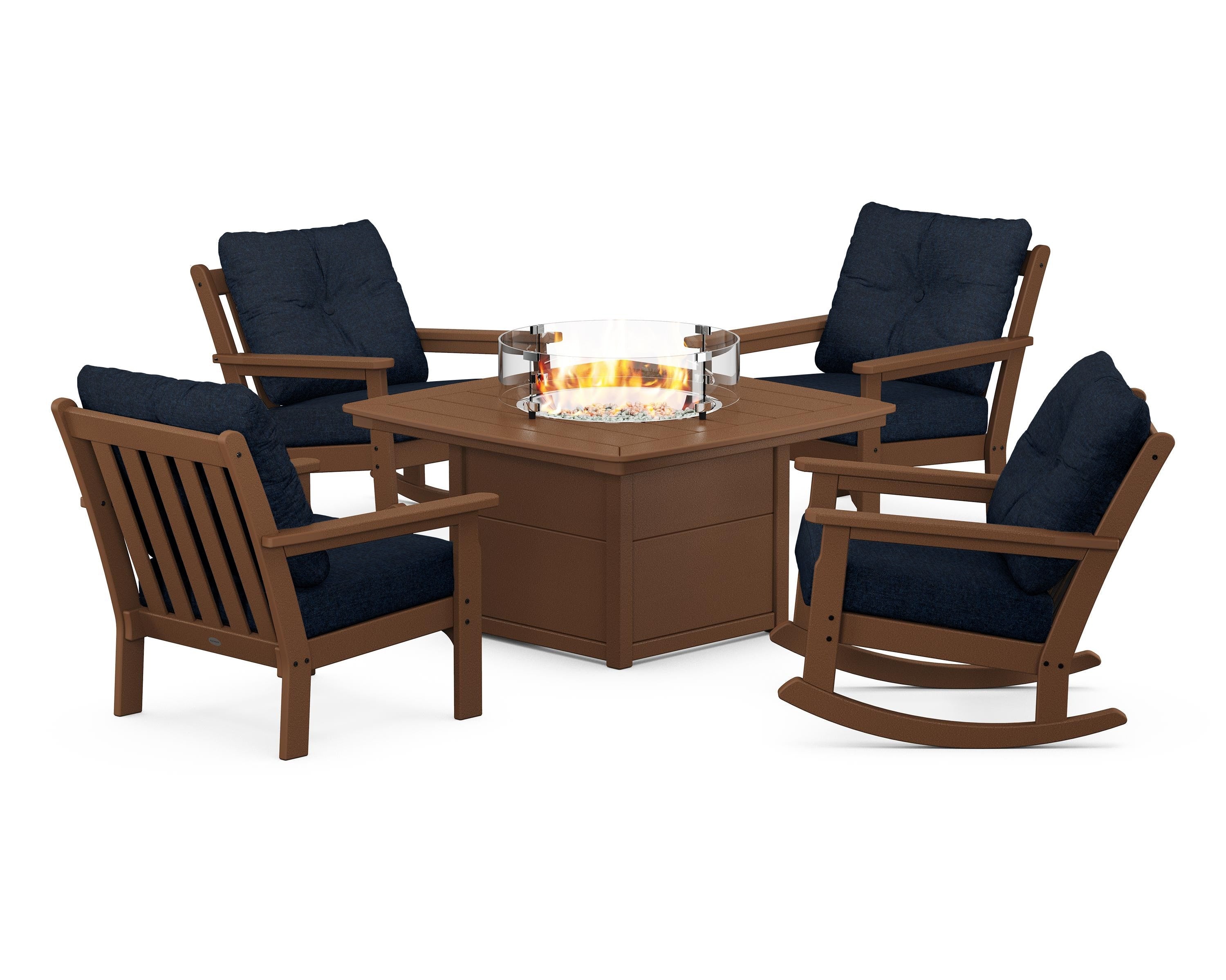 POLYWOOD Vineyard 5-Piece Deep Seating Rocking Chair Conversation Set with Fire Pit Table in Teak / Marine Indigo