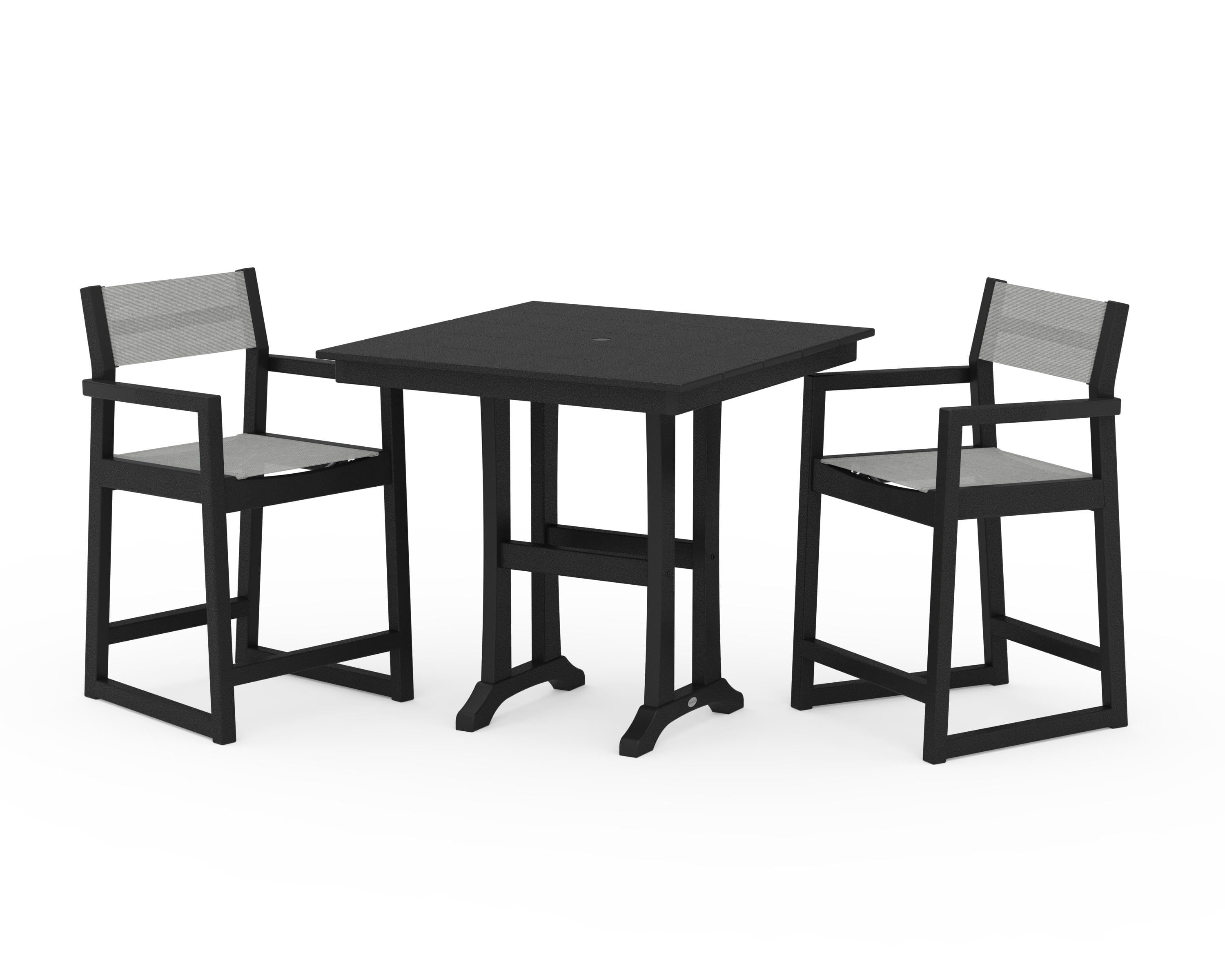 POLYWOOD EDGE Sling Arm Chair 3-Piece Farmhouse Counter Set with Trestle Legs in Black / Metallic Sling