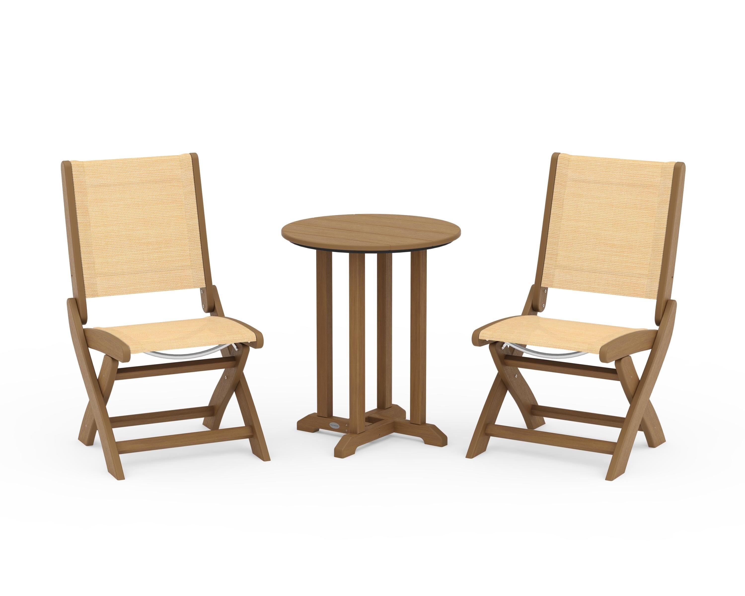 POLYWOOD Coastal Folding Side Chair 3-Piece Round Bistro Dining Set in Natural / Dupioni Apricot Sling