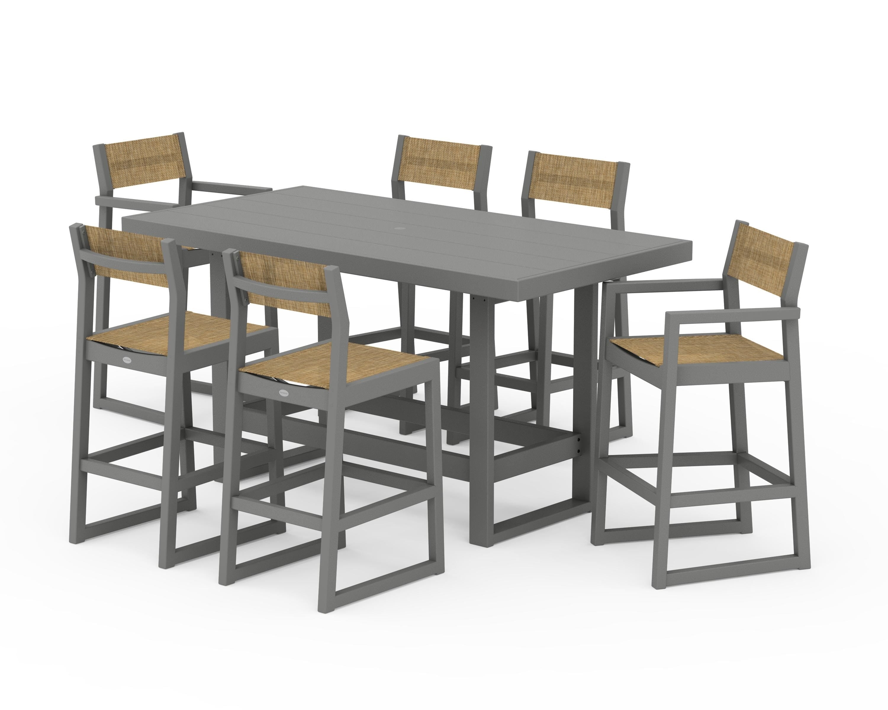 POLYWOOD EDGE Sling 7-Piece Bar Table Set in Slate Grey / Burlap Sling