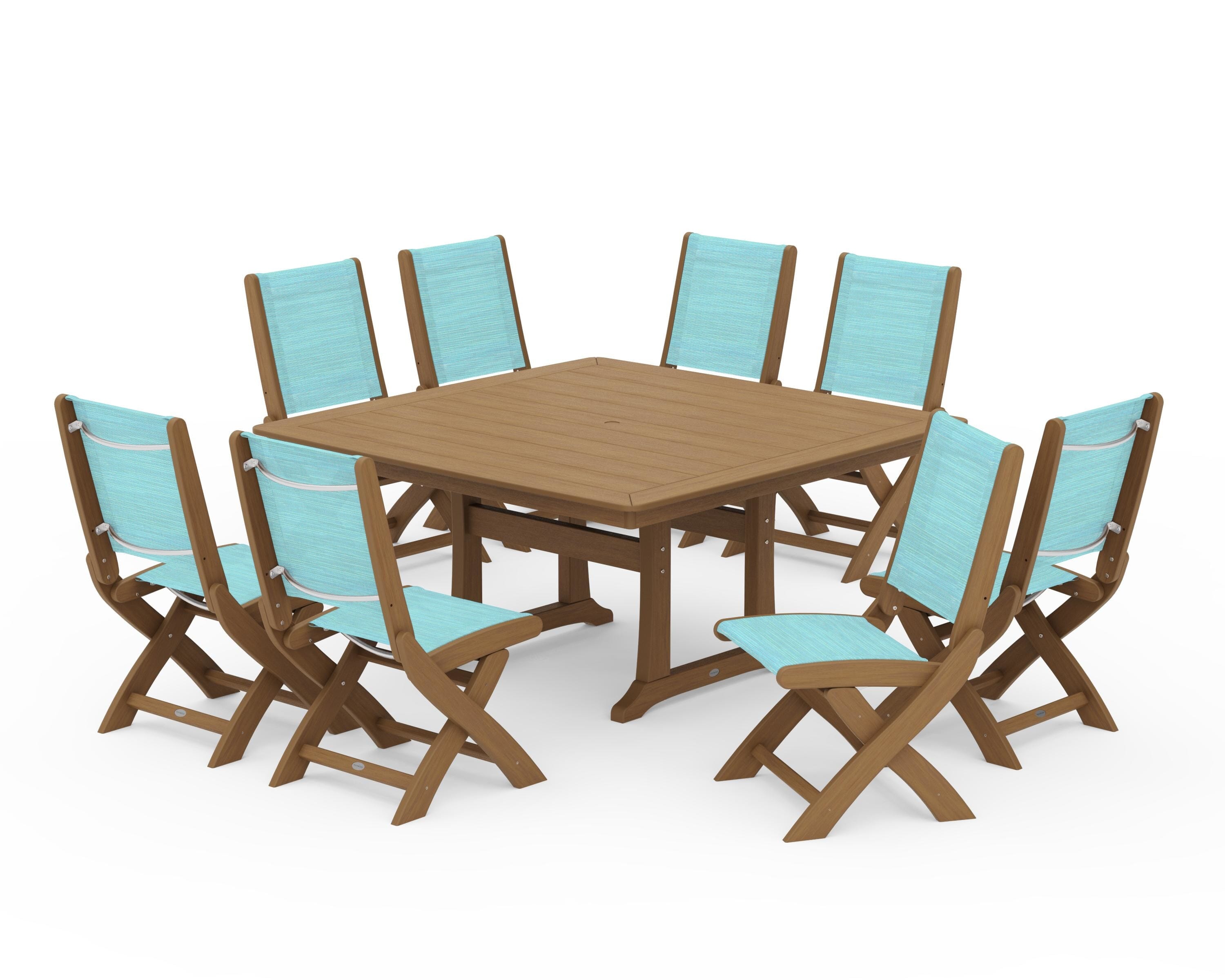 POLYWOOD Coastal Folding Side Chair 9-Piece Dining Set with Trestle Legs in Natural / Dupioni Aquamarine Sling