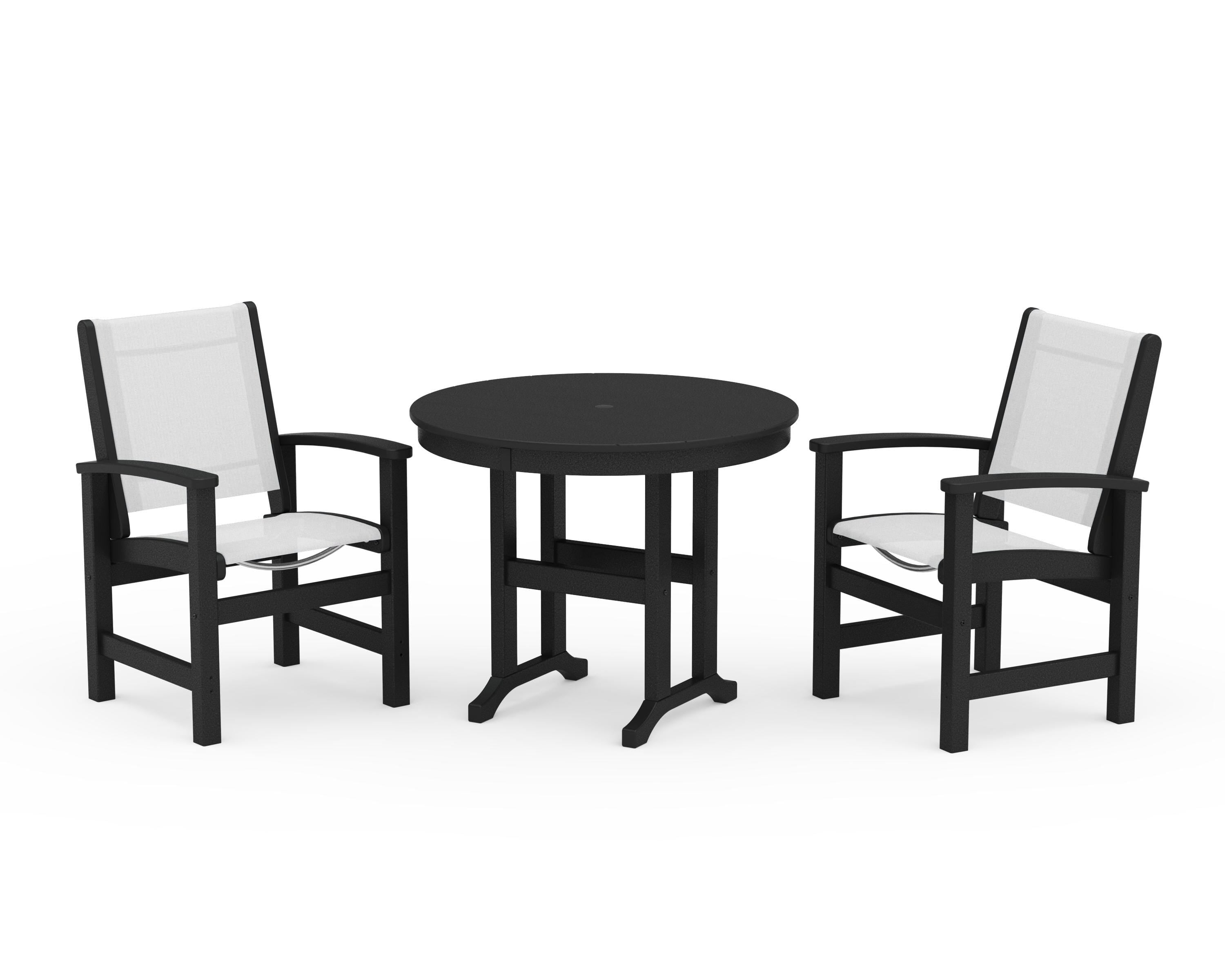 POLYWOOD Coastal 3-Piece Round Dining Set in Black / White Sling