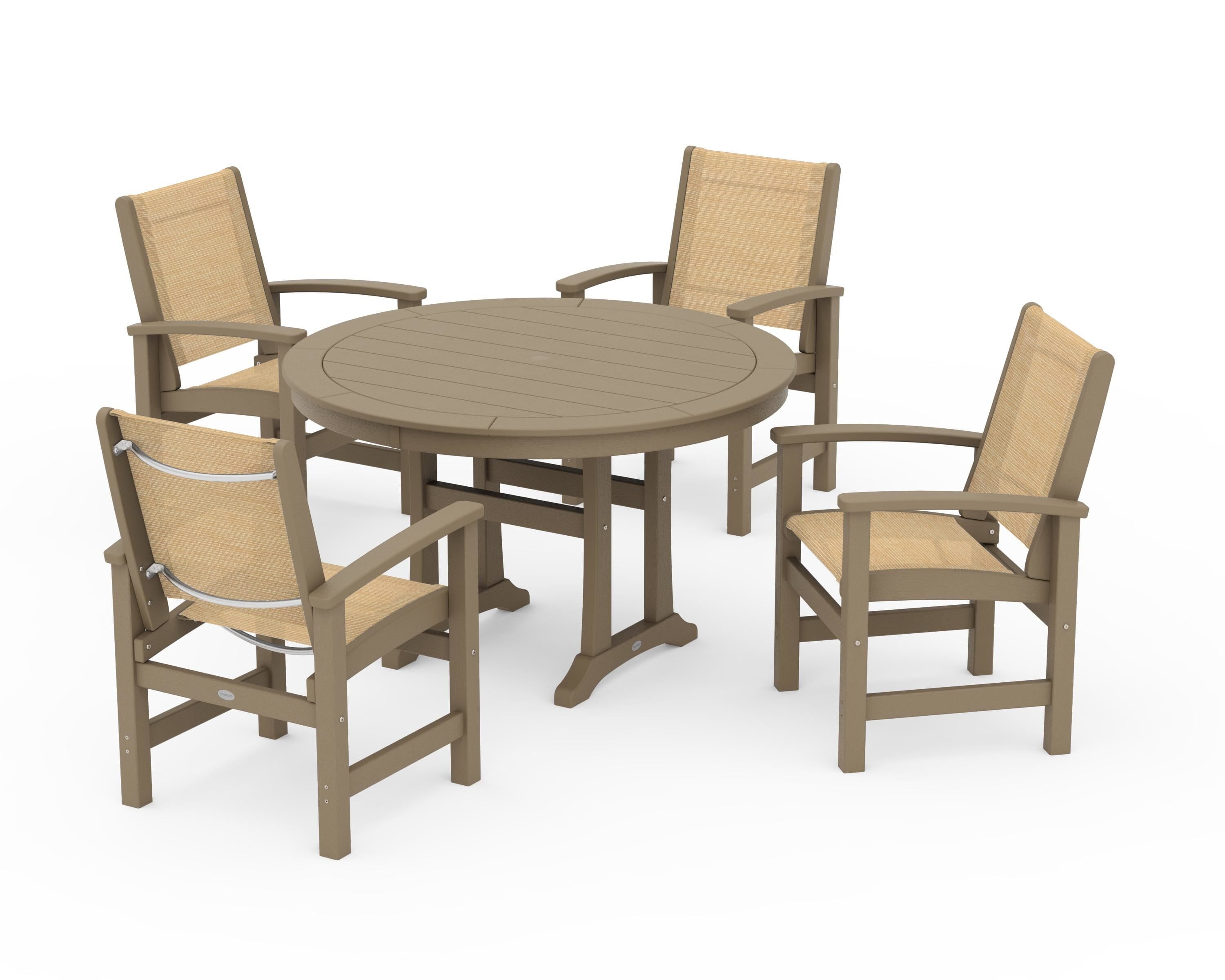 POLYWOOD Coastal 5-Piece Round Dining Set with Trestle Legs in Vintage Sahara / Dupioni Apricot Sling