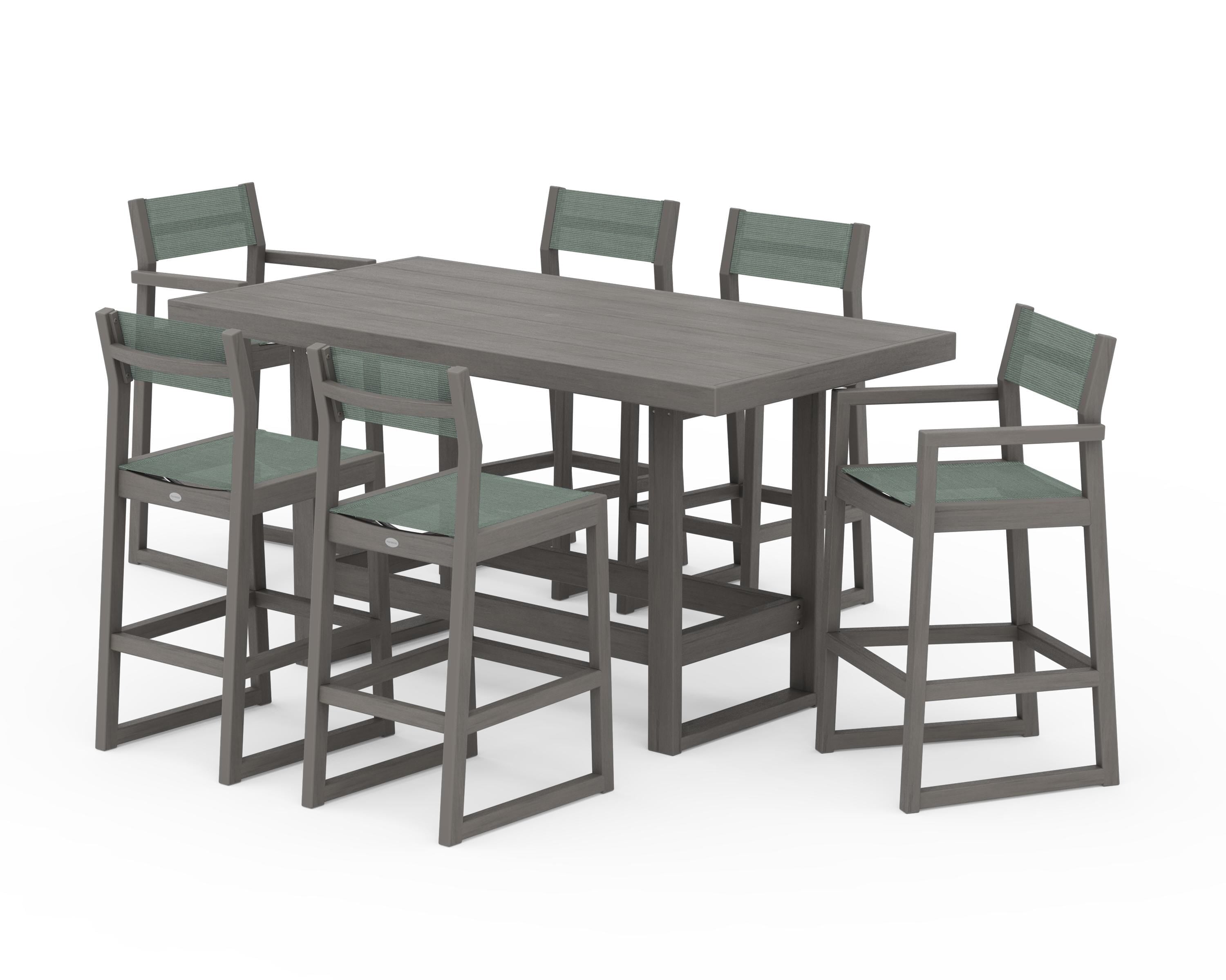 POLYWOOD EDGE Sling 7-Piece Bar Table Set in Driftwood / Dupioni Sea Mist Sling