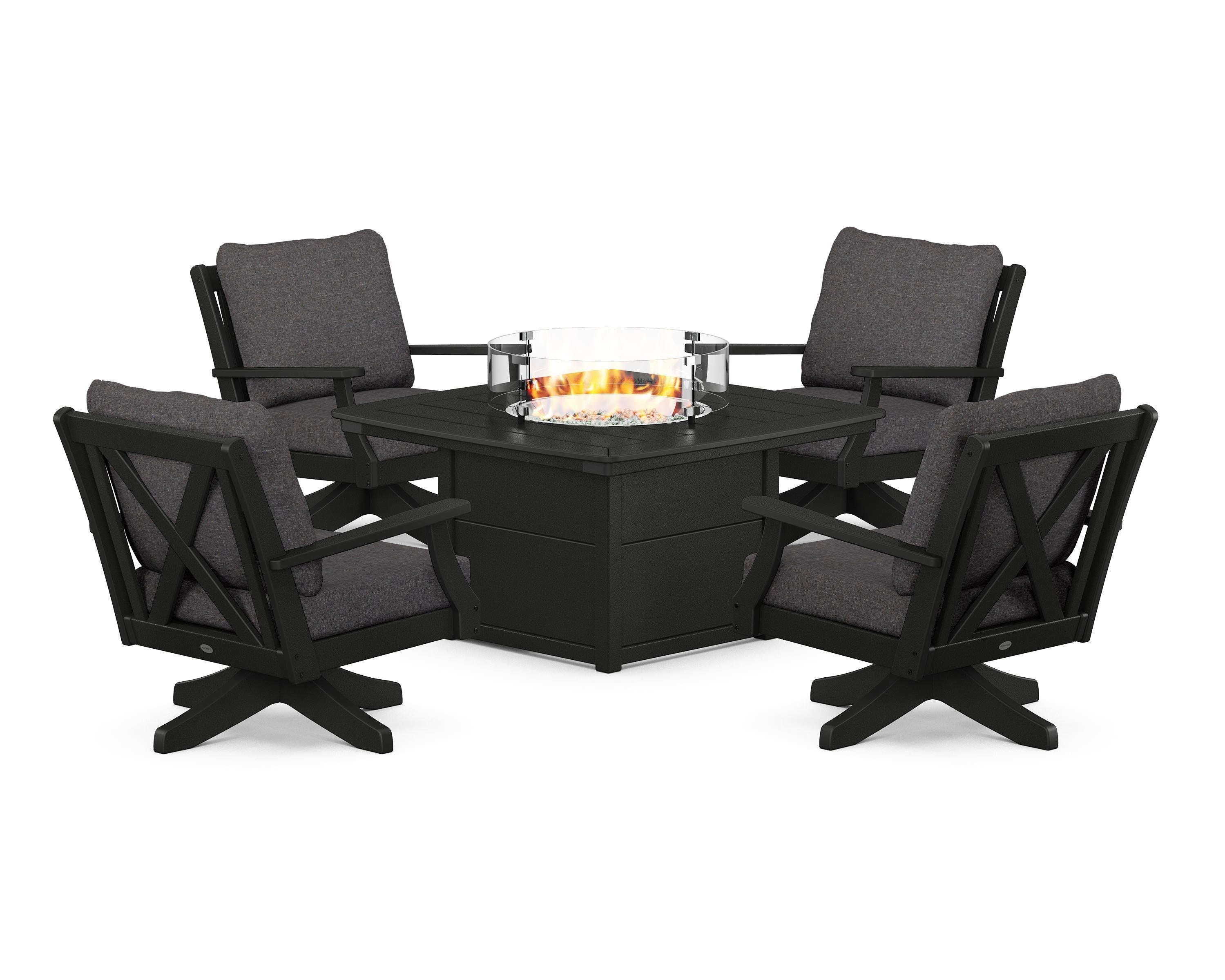 POLYWOOD Braxton 5-Piece Deep Seating Swivel Conversation Set with Fire Pit Table in Black / Ash Charcoal