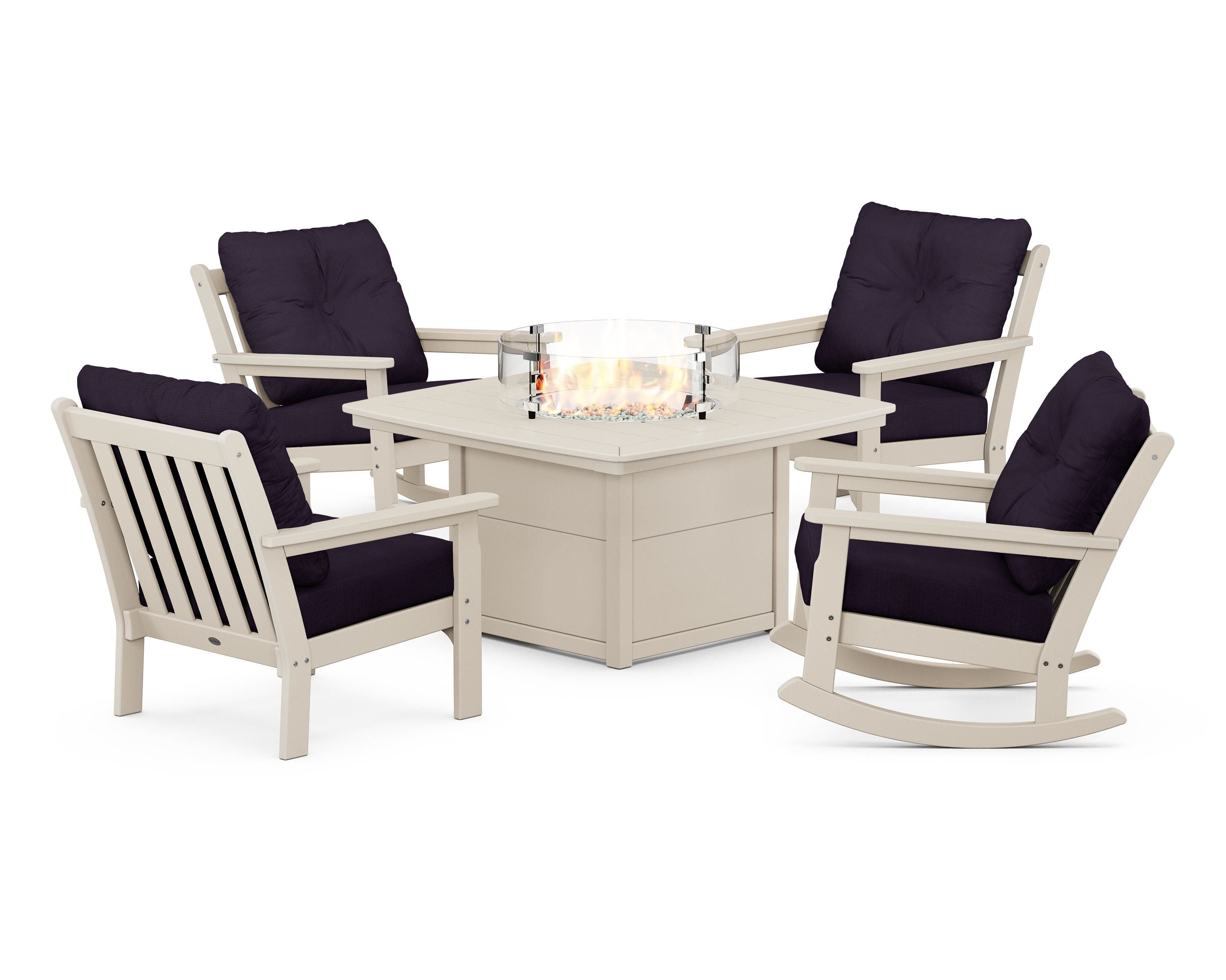 POLYWOOD Vineyard 5-Piece Deep Seating Rocking Chair Conversation Set with Fire Pit Table in Sand / Navy Linen