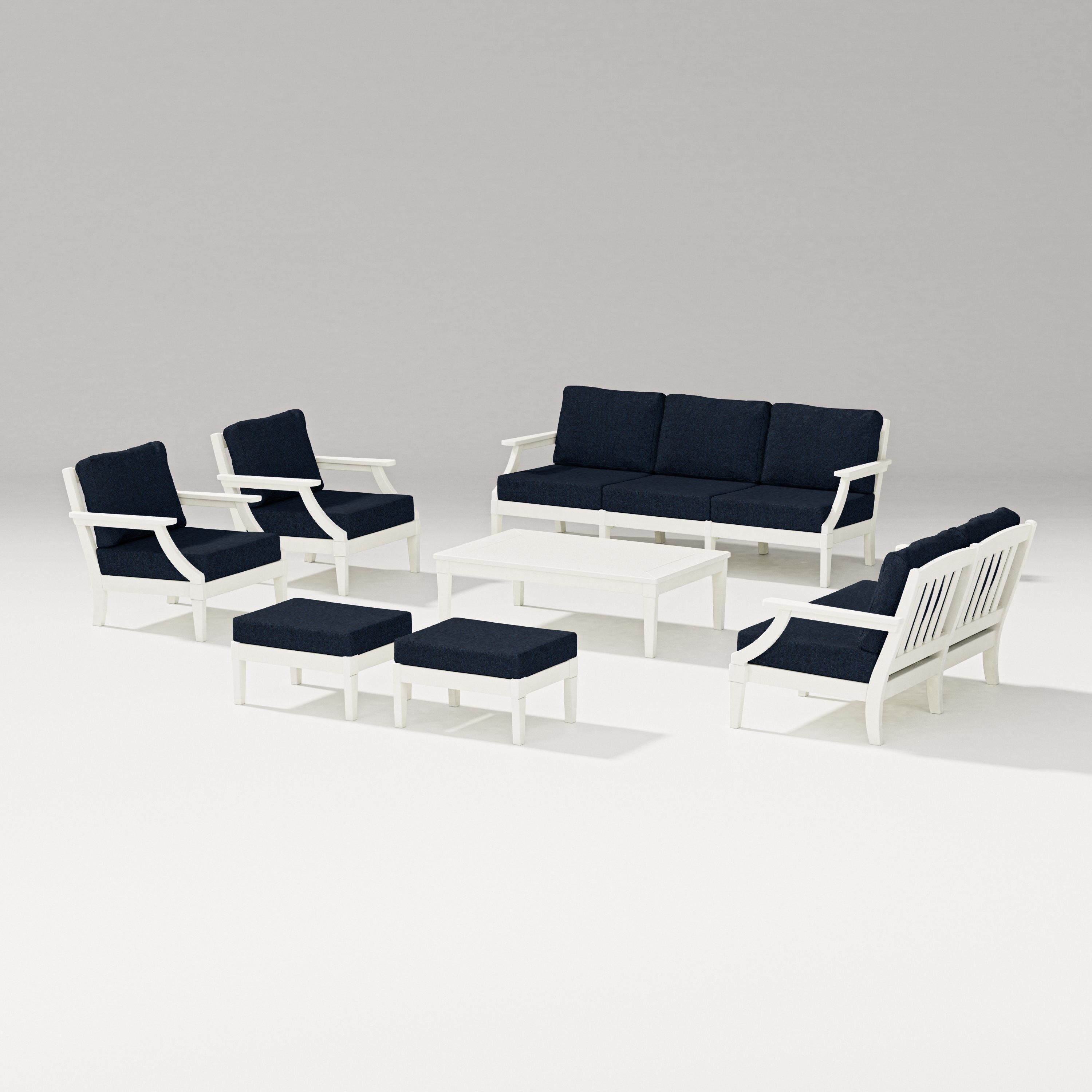 PW Designer Series Estate 7-Piece Lounge Sofa Set in Vintage White / Marine Indigo