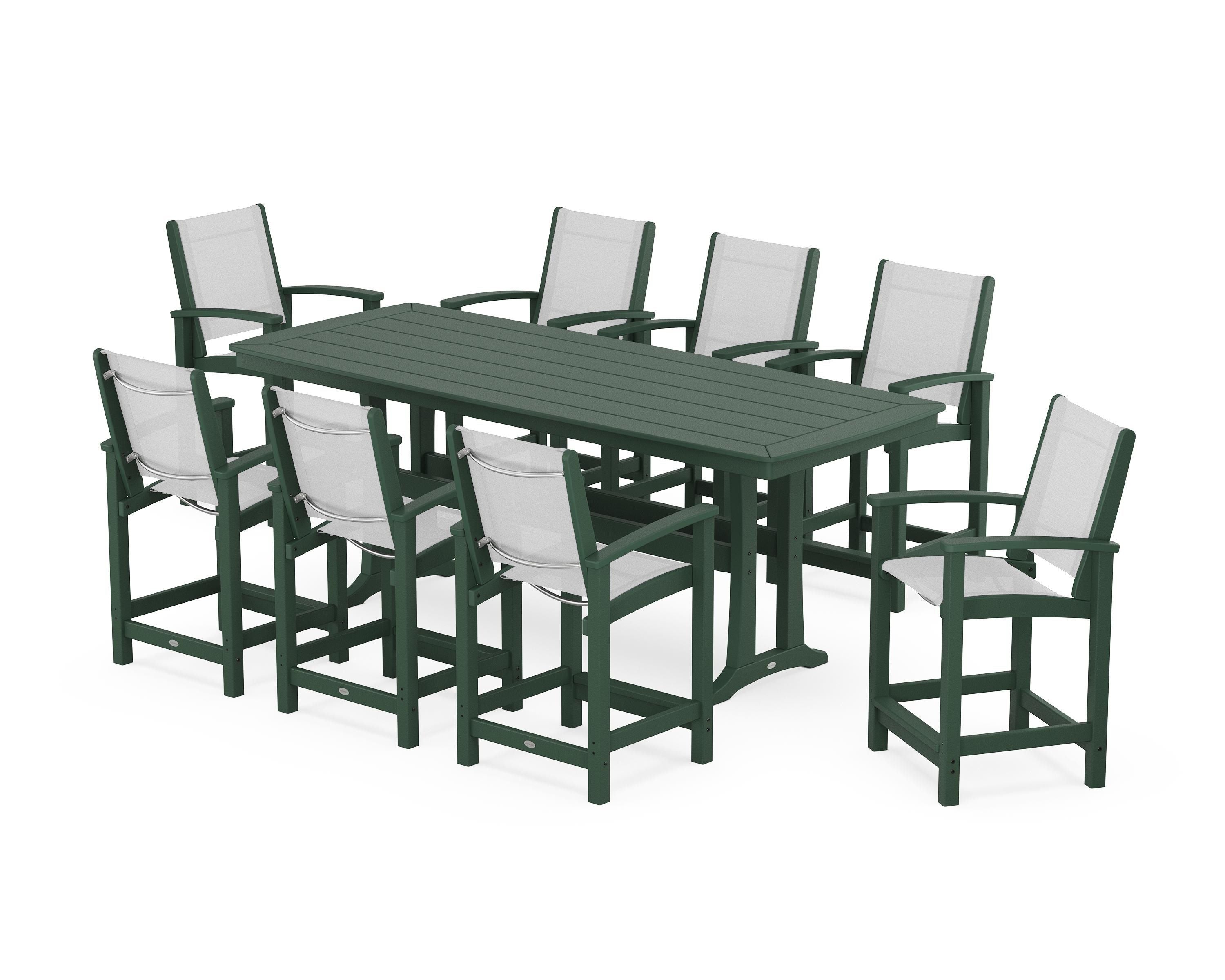 POLYWOOD Coastal 9-Piece Counter Set with Trestle Legs in Green / White Sling