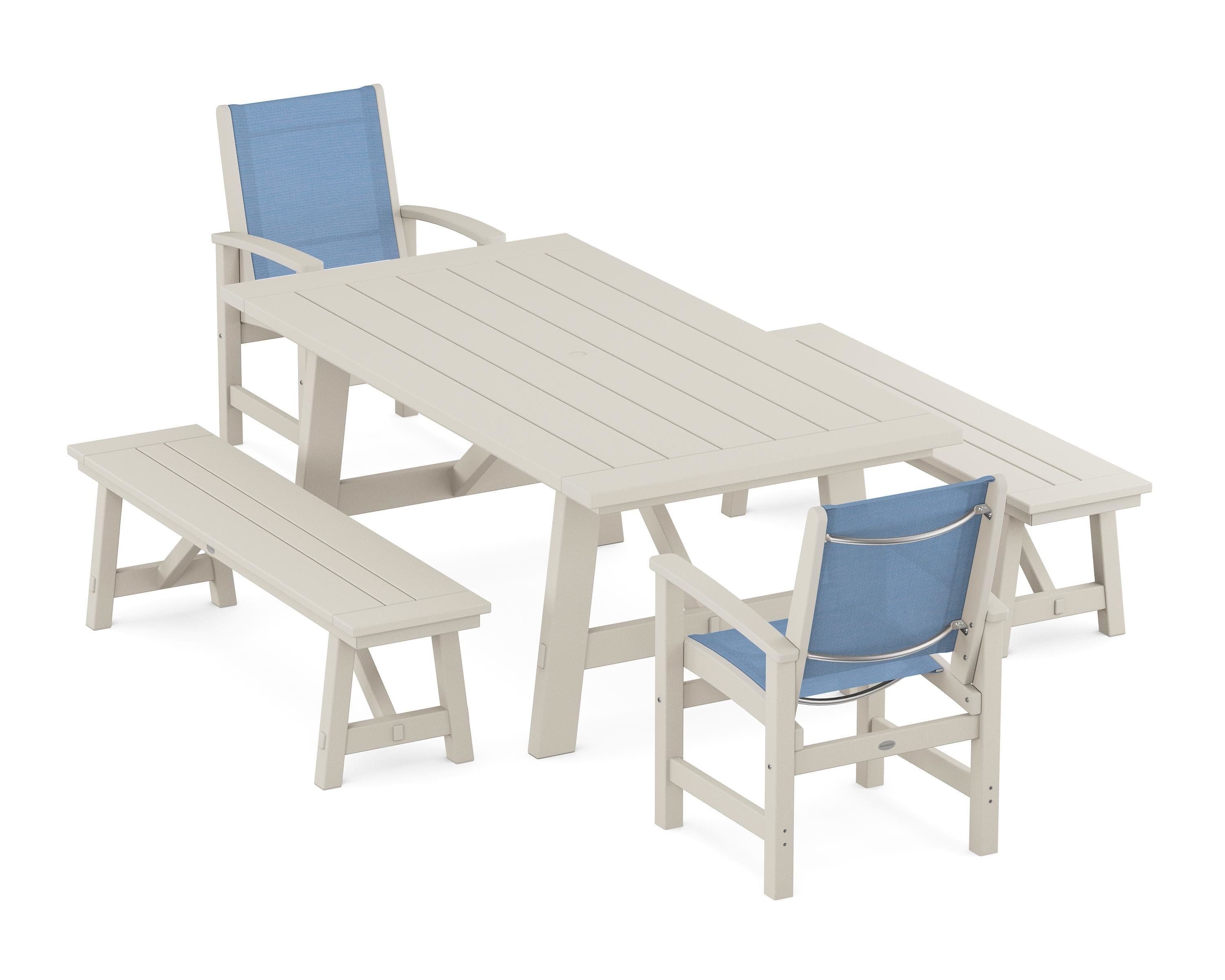 POLYWOOD Coastal 5-Piece Rustic Farmhouse Dining Set With Benches in Sand / Poolside Sling