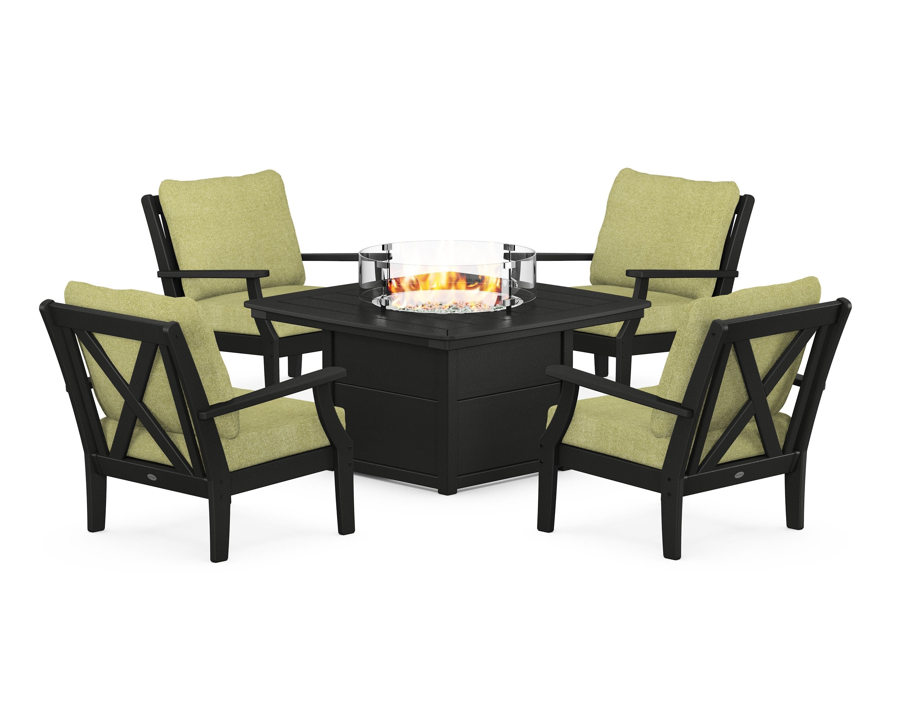 POLYWOOD Braxton 5-Piece Deep Seating Conversation Set with Fire Pit Table in Black / Chartreuse Boucle