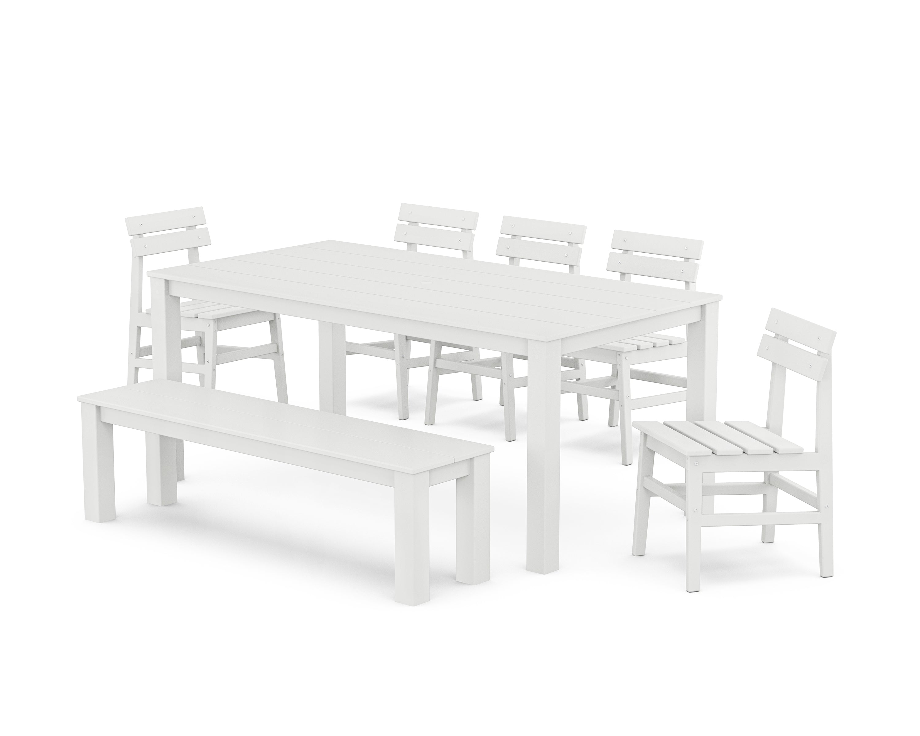 POLYWOOD Modern Studio Plaza Chair 7-Piece Parsons Dining Set with Bench in White