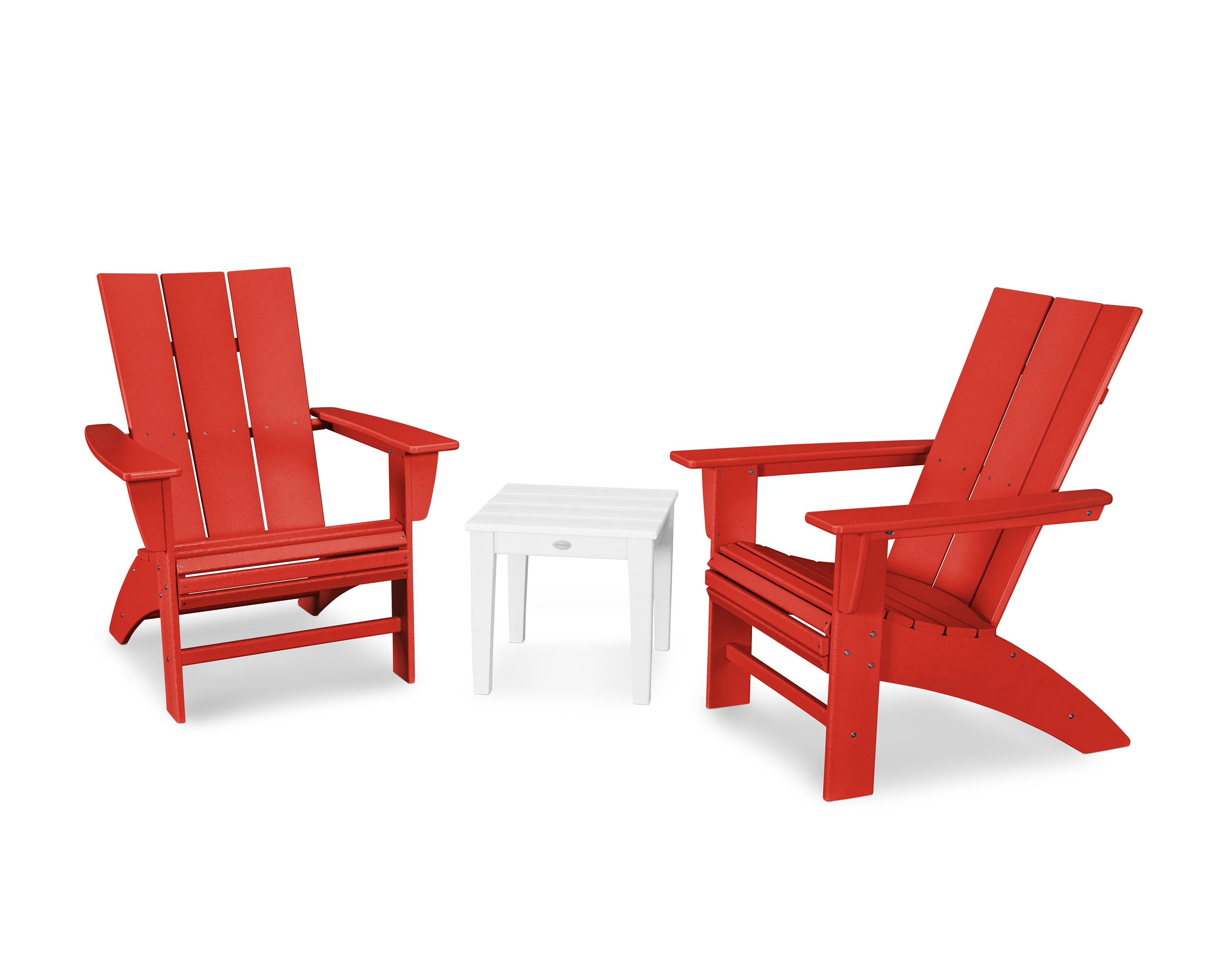 POLYWOOD Modern 3-Piece Curveback Adirondack Set in Sunset Red / White