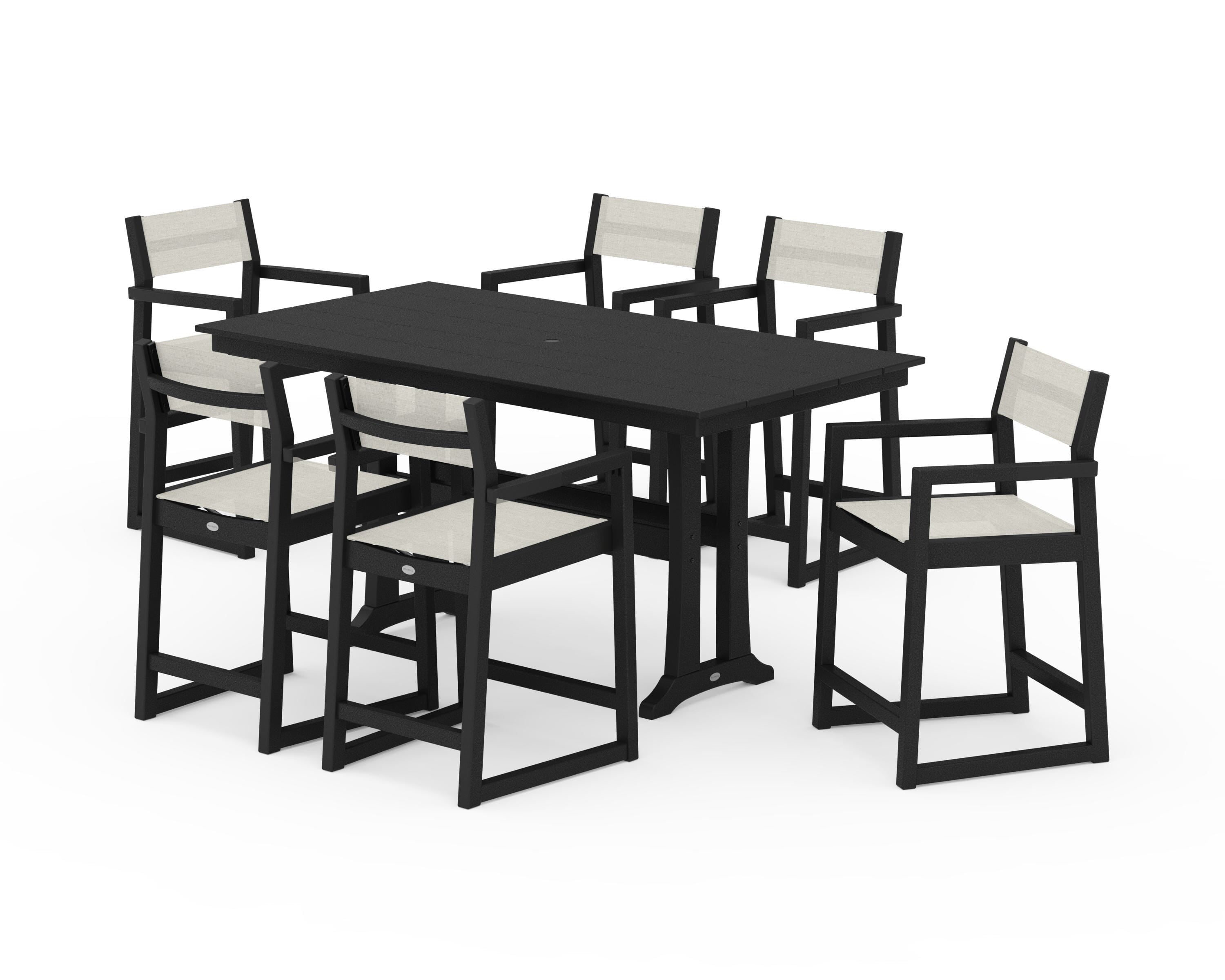 POLYWOOD EDGE Sling Arm Chair 7-Piece Farmhouse Counter Set with Trestle Legs in Black / Parchment Sling