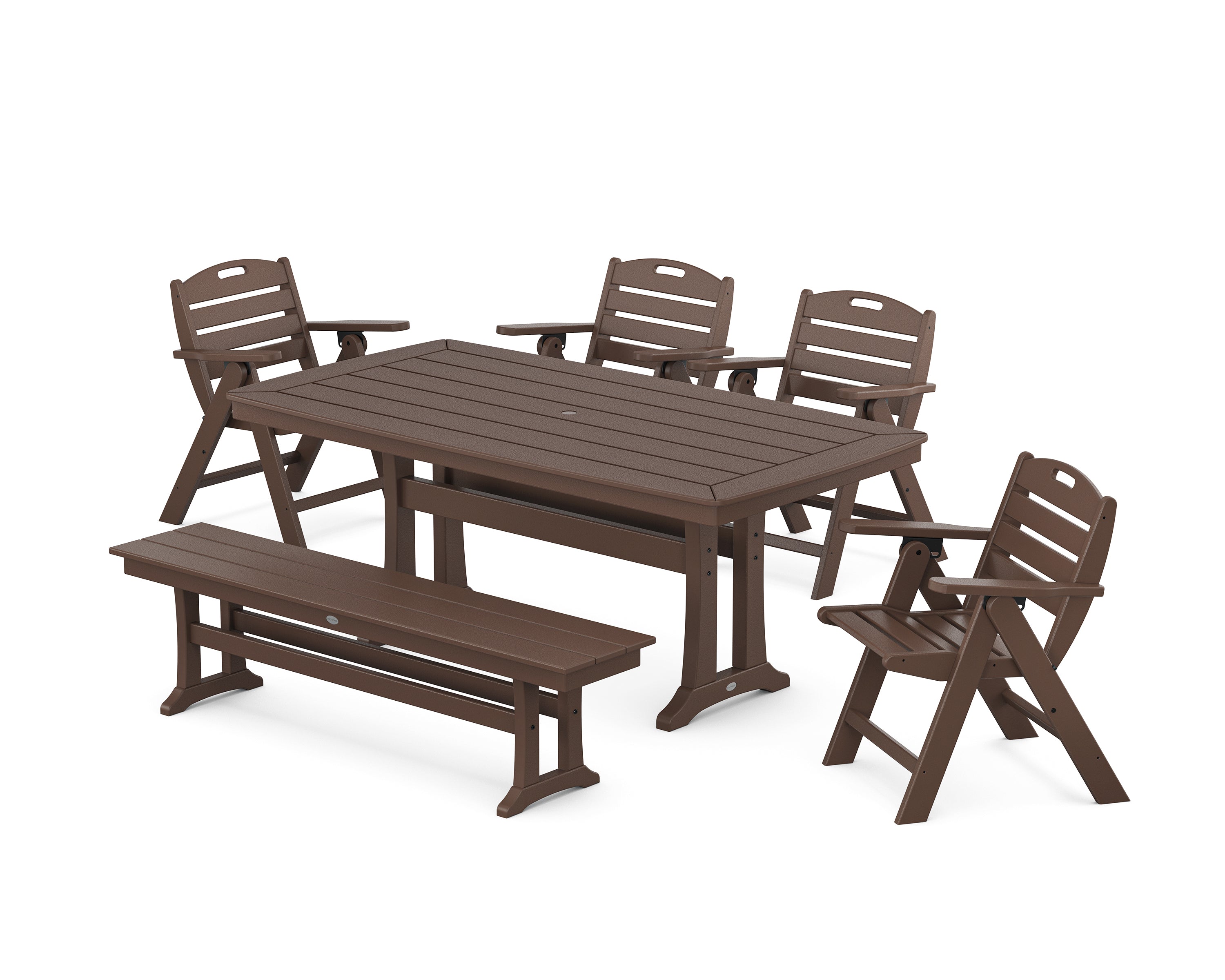 POLYWOOD Nautical Lowback 6-Piece Dining Set with Trestle Legs and Bench in Mahogany