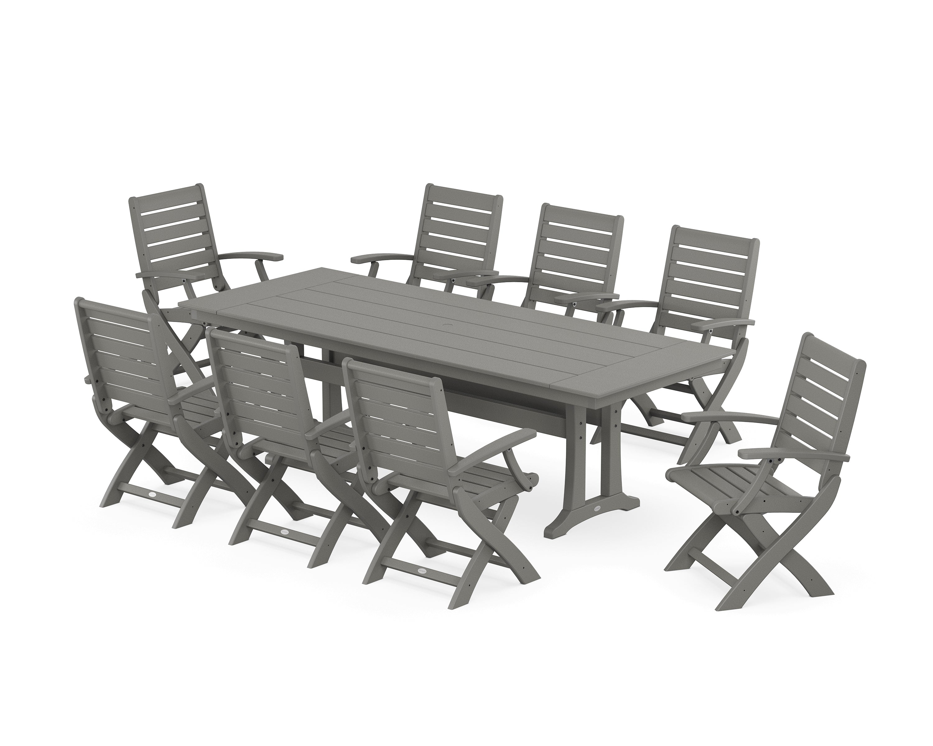 POLYWOOD® Signature Folding 9-Piece Farmhouse Trestle Dining Set with Trestle Legs in Slate Grey