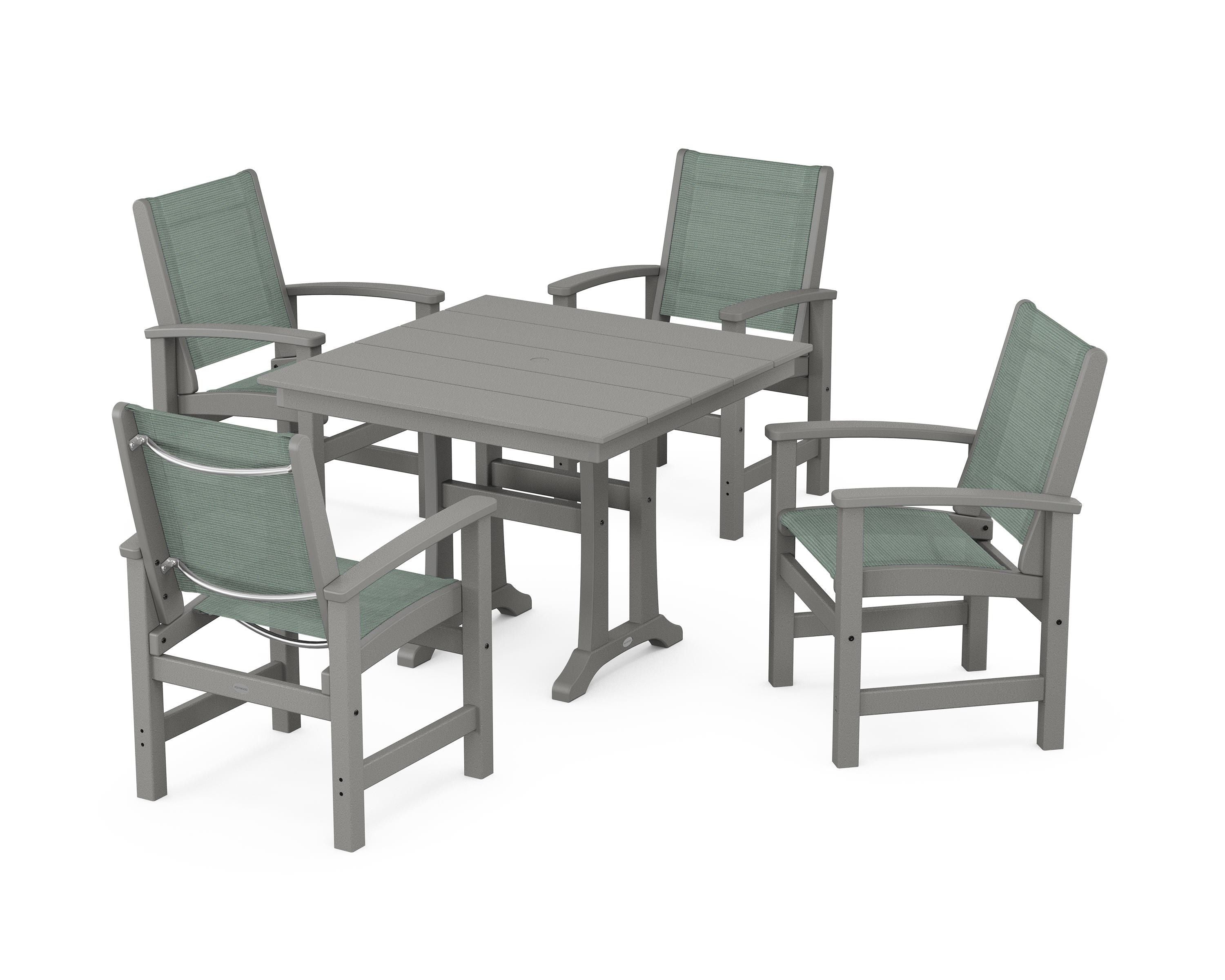 POLYWOOD Coastal 5-Piece Farmhouse Dining Set With Trestle Legs in Slate Grey / Dupioni Sea Mist Sling
