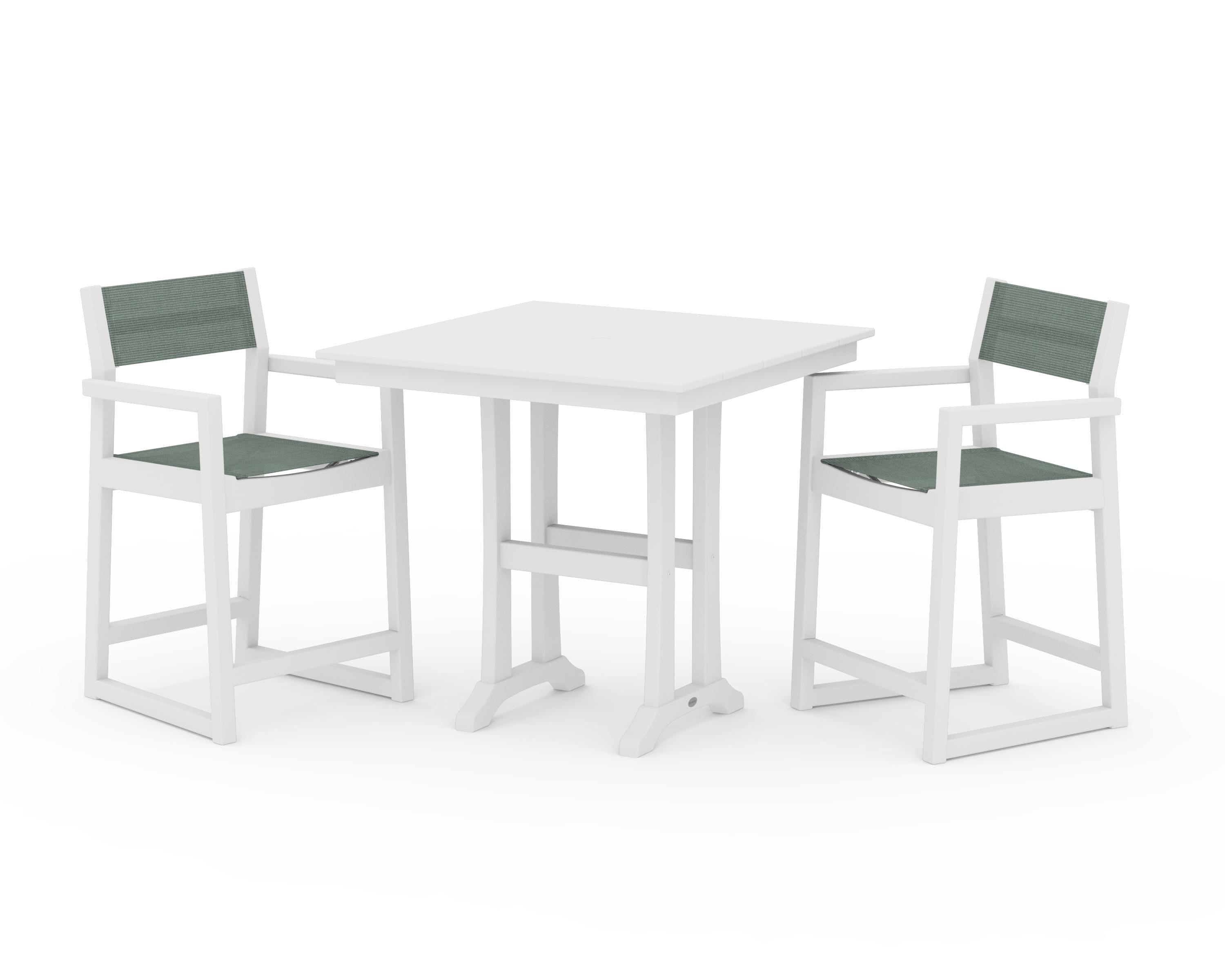 POLYWOOD EDGE Sling Arm Chair 3-Piece Farmhouse Counter Set with Trestle Legs in White / Dupioni Sea Mist Sling