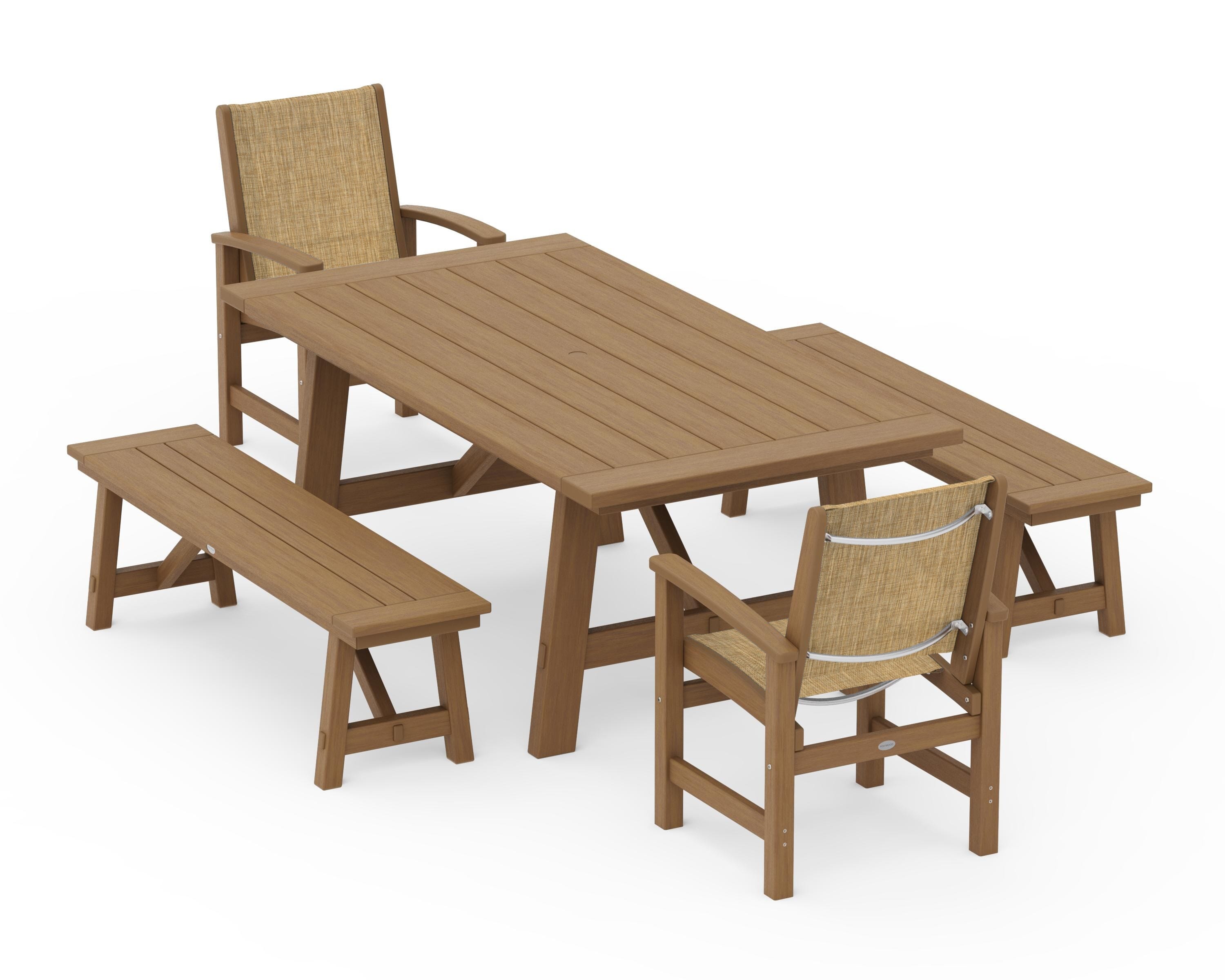POLYWOOD Coastal 5-Piece Rustic Farmhouse Dining Set With Benches in Natural / Burlap Sling