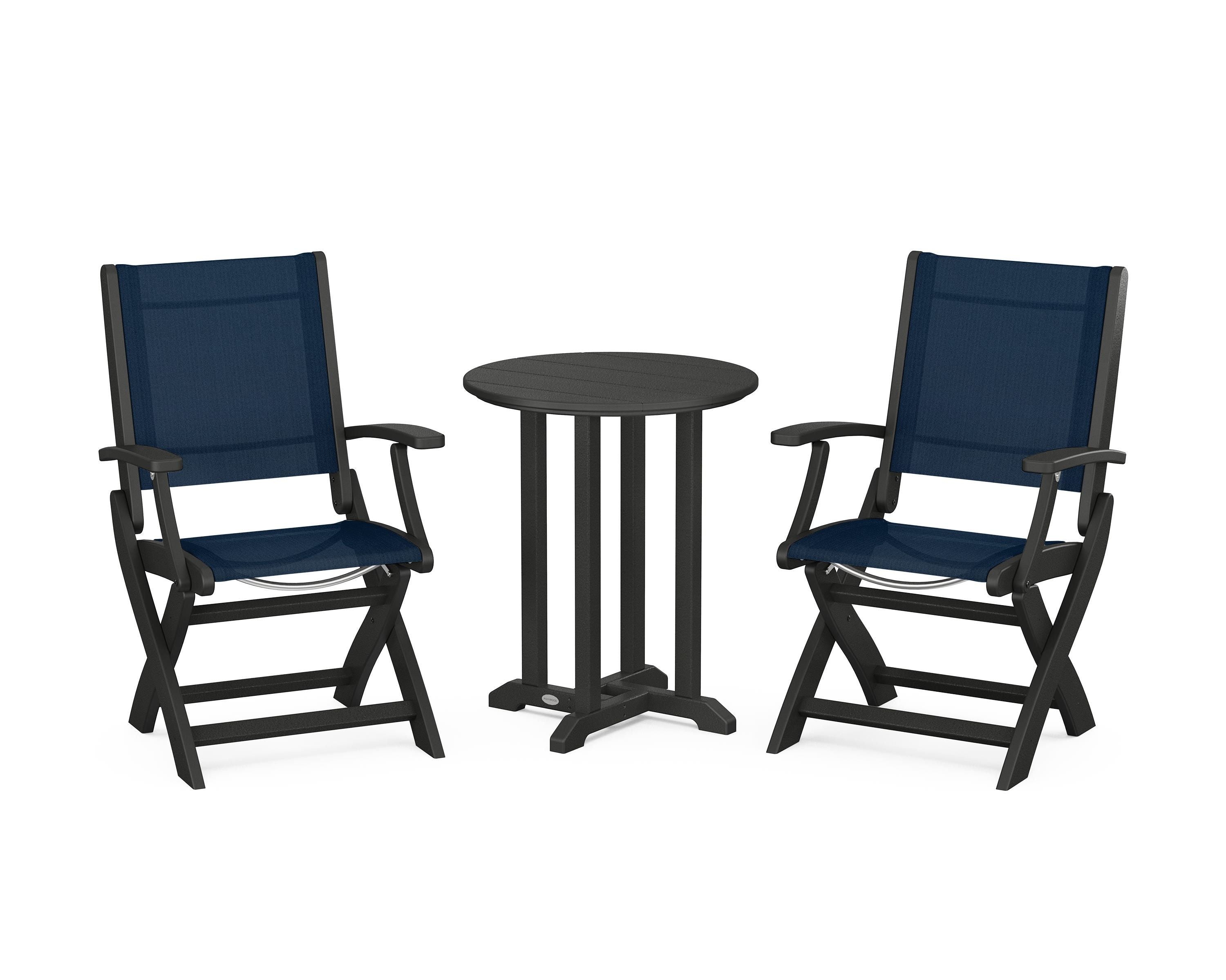 POLYWOOD Coastal Folding 3-Piece Round Bistro Dining Set in Black / Navy Blue Sling