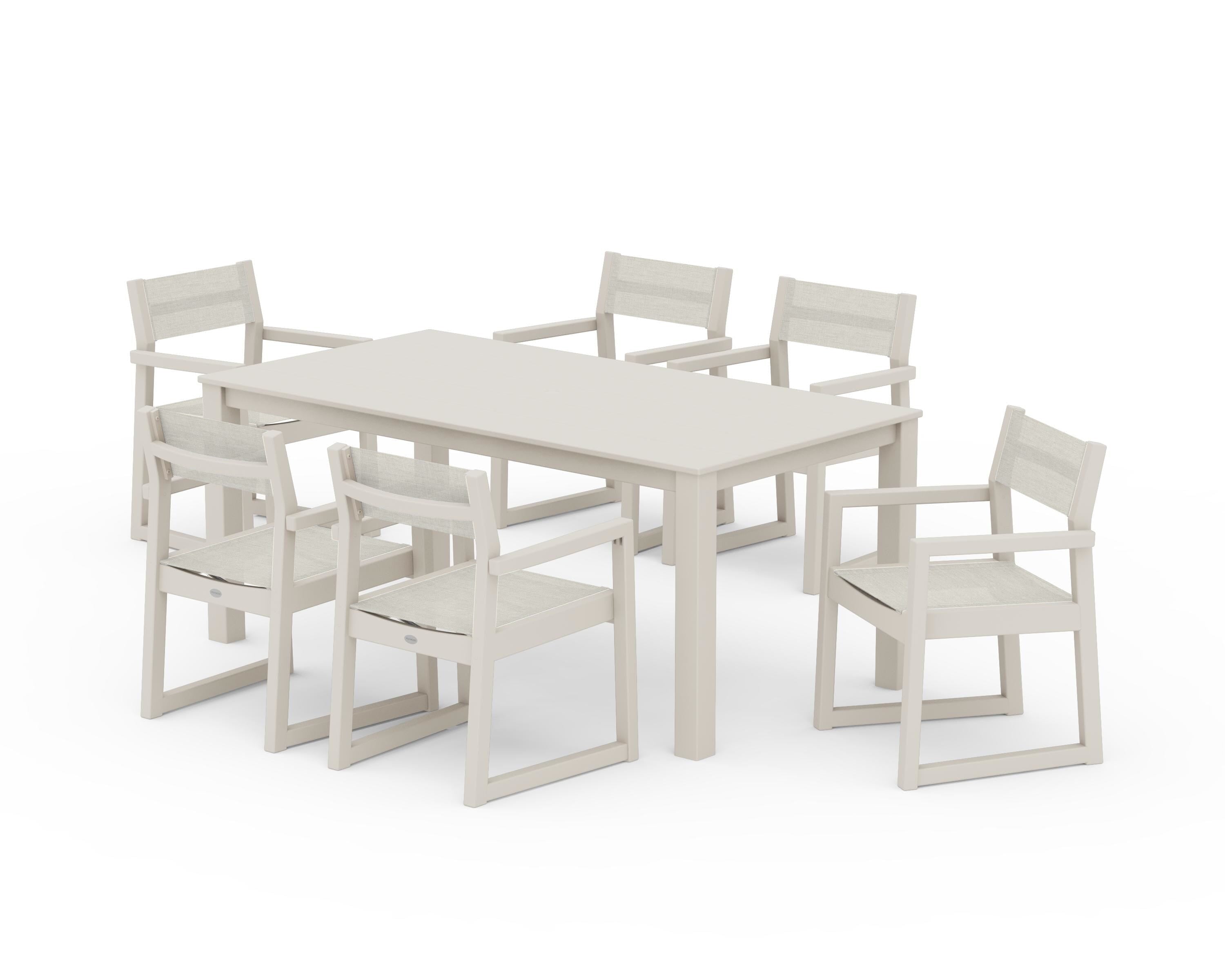 POLYWOOD EDGE Sling Arm Chair 7-Piece Parsons Dining Set in Sand / Parchment Sling