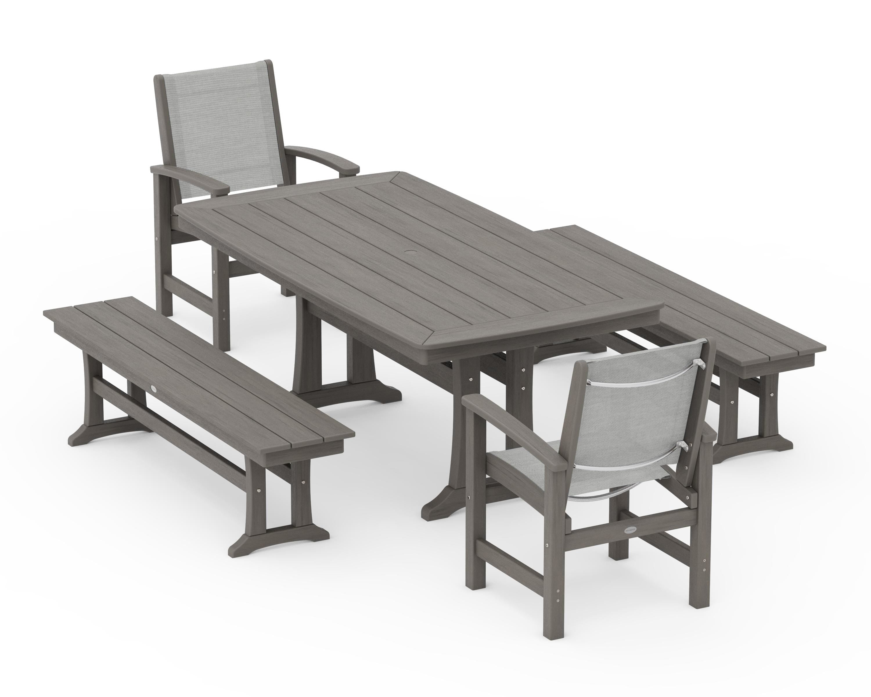POLYWOOD Coastal 5-Piece Dining Set with Trestle Legs and Benches in Driftwood / Metallic Sling