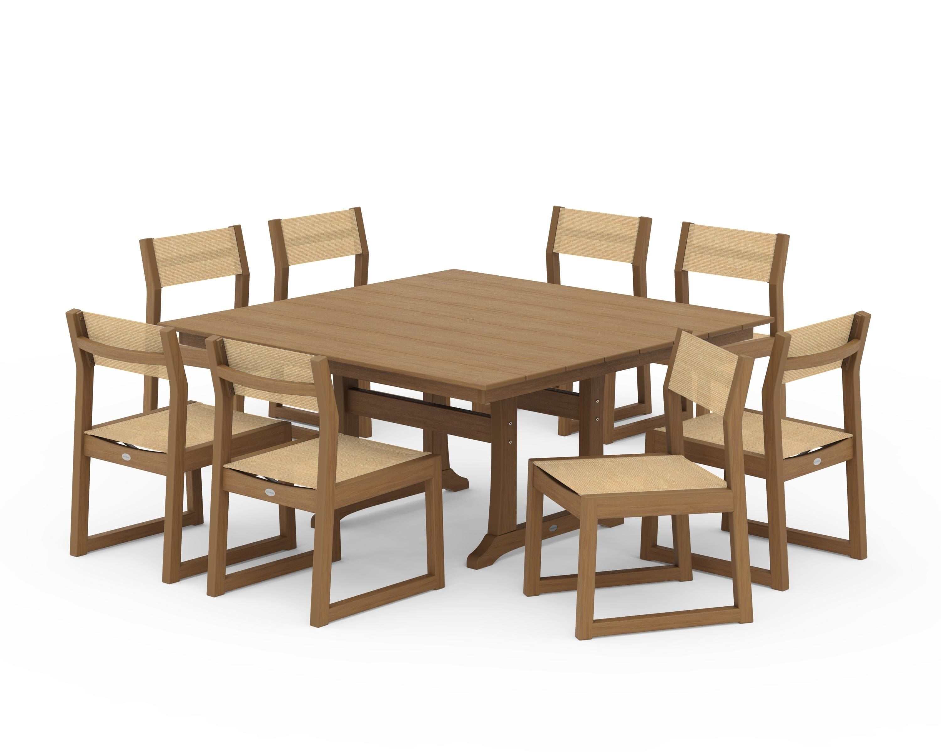 POLYWOOD EDGE Sling Side Chair 9-Piece Farmhouse Trestle Dining Set in Natural / Dupioni Apricot Sling